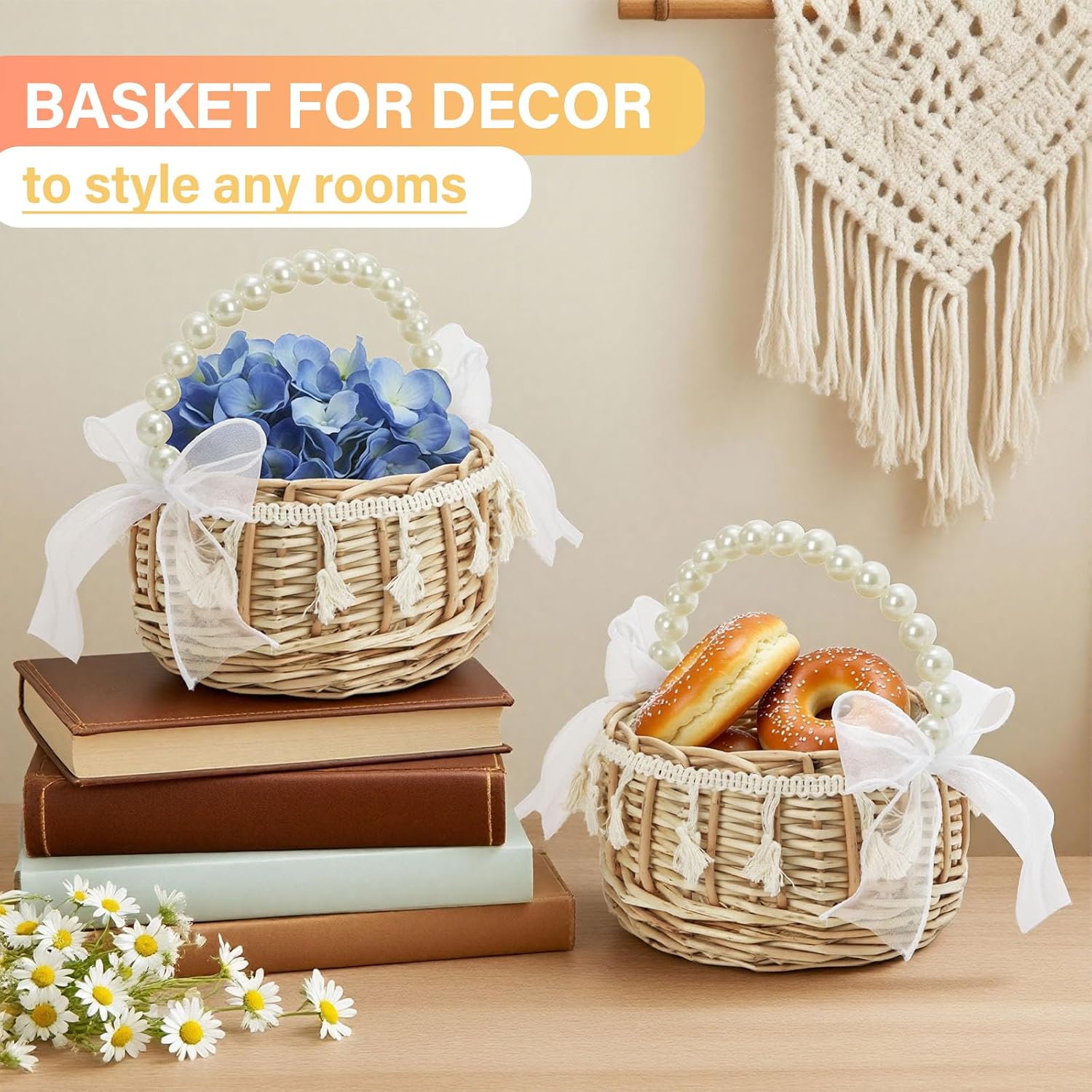 WRINGKIT 2 Pack Rattan Flower Girl Basket, Small Wedding Basket with Handle | Handwoven Wicker Basket with Pearl, Ribbon Bow, Rustic Boho Flower Baskets for Bridal Anniversary Party Garden Decor, Picnic