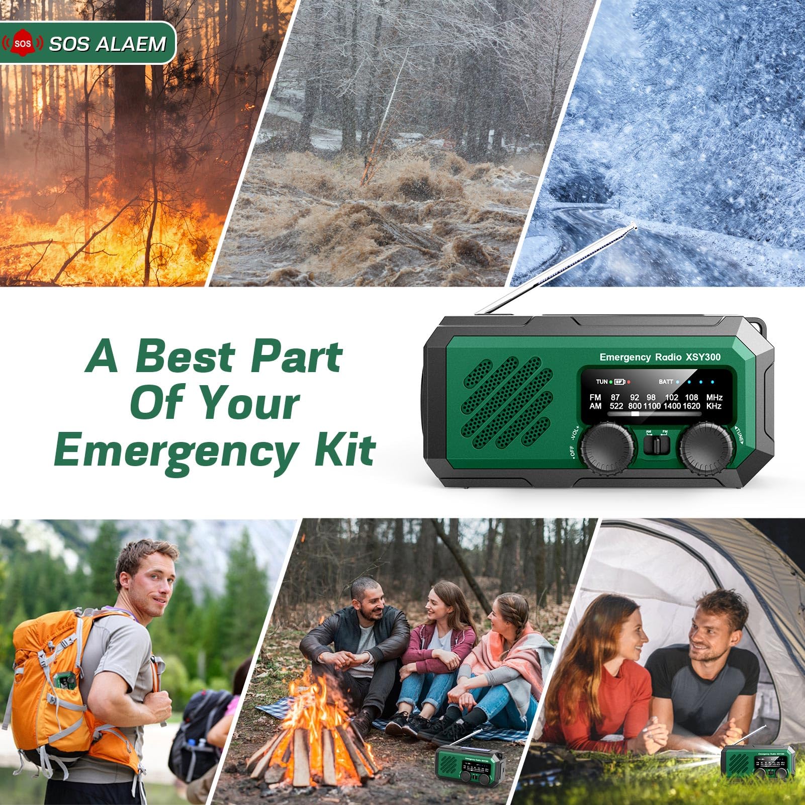YIKANWEN Tragbares Notfall-Kurbelradio, 2000mAh Wiederaufladbare Batterie, AM/FM Radio mit LED-Taschenlampe für Drinnen und Camping im Freien, Dunkelgrün