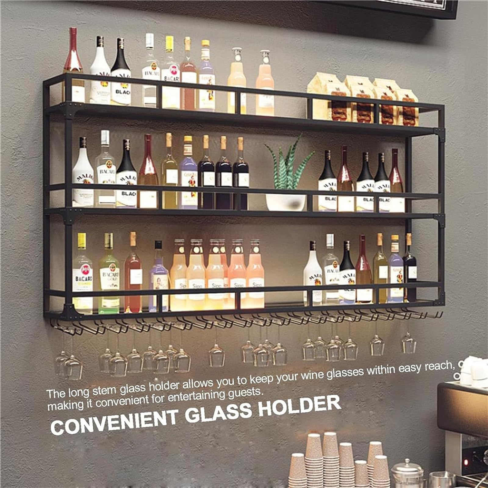 Estante De Almacenamiento Vino Moderno Montado En La Pared Con Luz LED, Estantes Flotantes Unidad De Barra, Estantes Barra Almacenamiento Cocina Para Decoración Bar Comedor De Cocina,Black-100x20x55cm