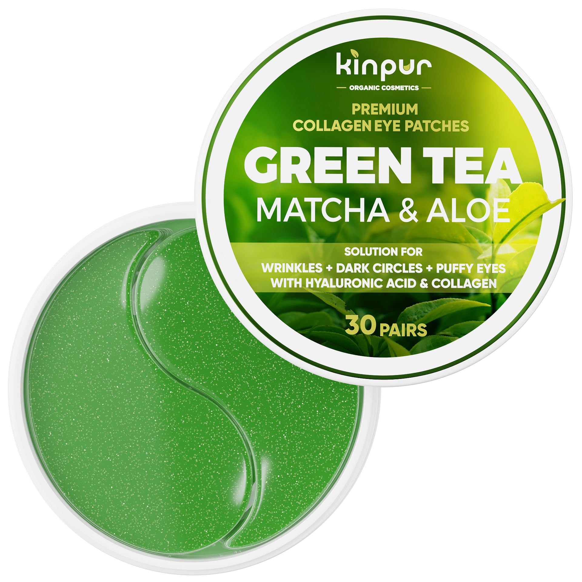 KINPUR ORGANIC COSMETICS Green Tea Under Eye Patches for Wrinkles and Eye Bags - Eye Masks for Dark Circles and Puffiness with Collagen, Hyaluronic Acid - Under Eye Mask for All Skin Types, 30 Pairs