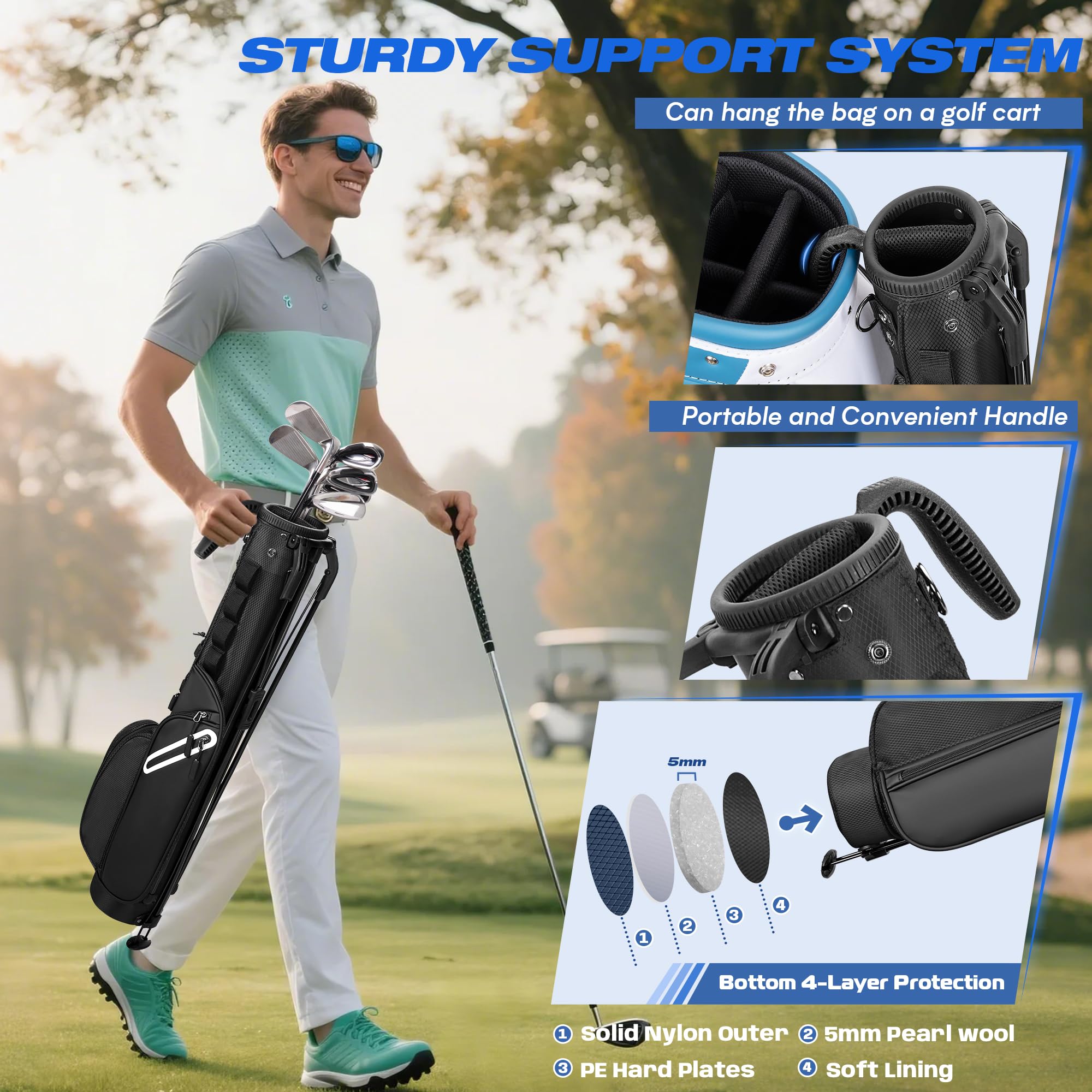 GOBUROS Golfschlägertasche für bis zu 7 Schläger, kompaktes Design für Par 3 Plätze und Driving Range, leichte Pitch und Putt Golftasche, mit gepolstertem ergonomischem Doppelgurt