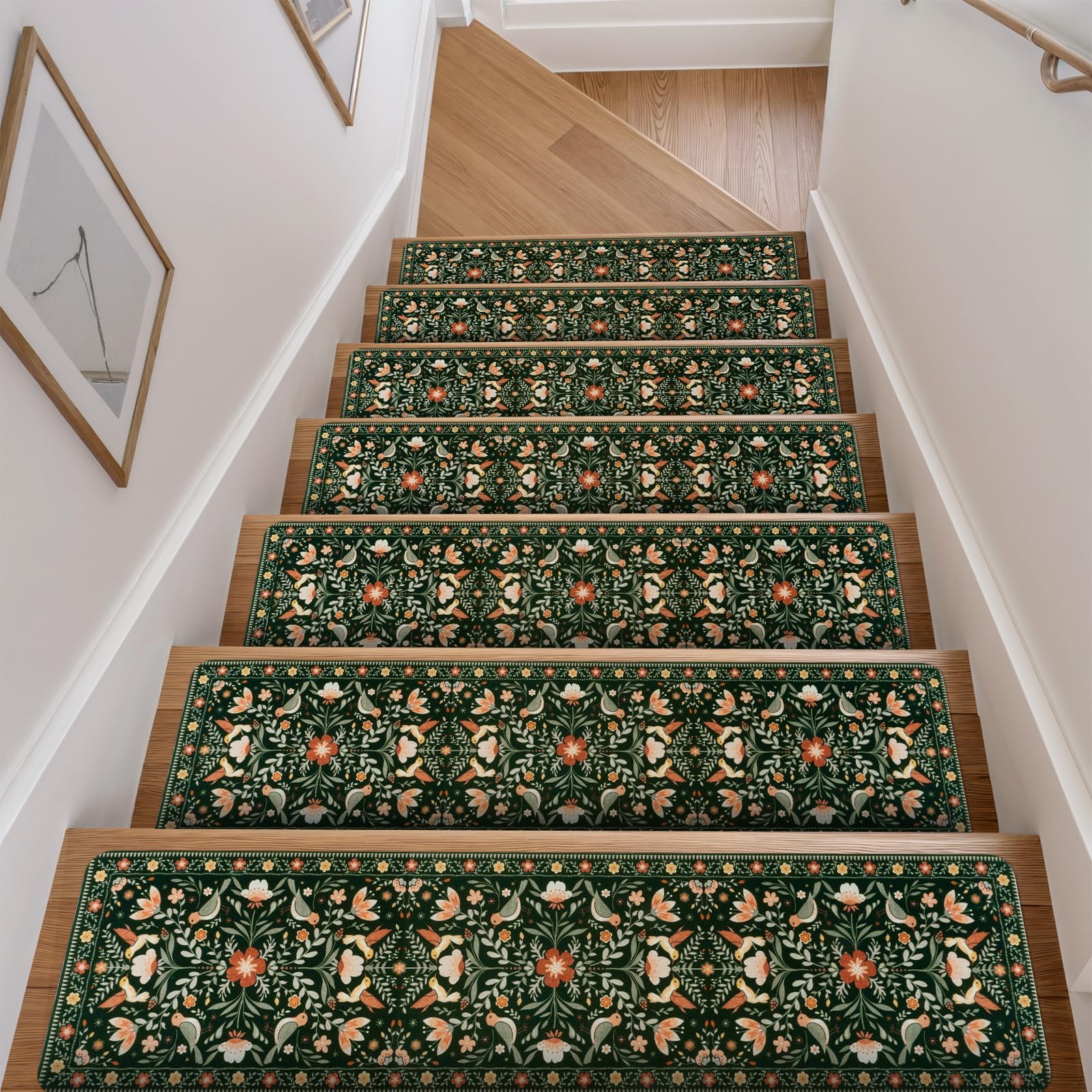 OJIA Floral Stair Treads Non-Slip Stair Runner for Wooden Steps Indoor 15PCS 30"x8" Carpet Stair Treads Stair Mats Staircase Step Treads for Kids,