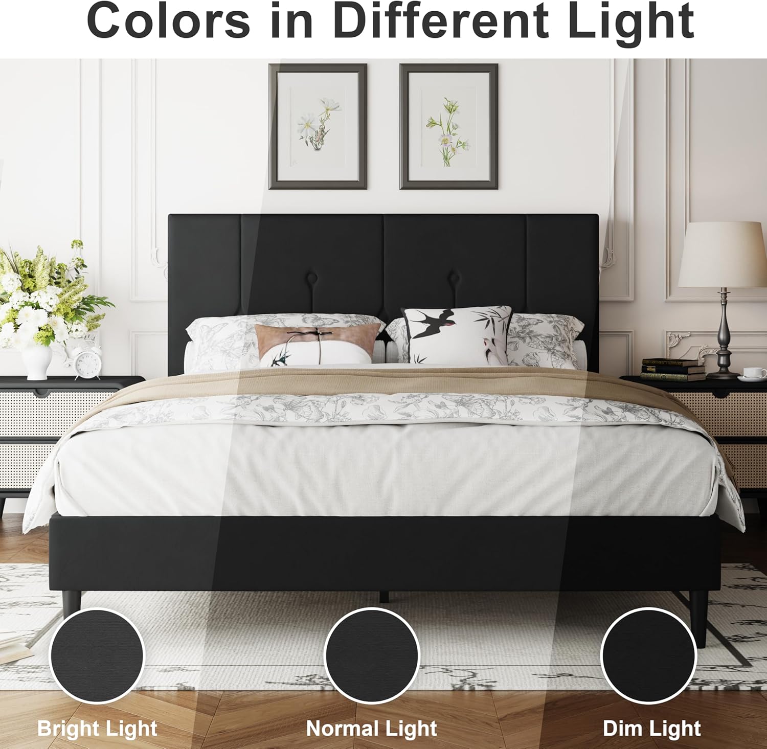 Queen Size Bed Frame Platform with Velvet Upholstered Headboard, Sturdy Wooden Slats, No Spring Box, No Noise, Easy to Assemble, Light Grey Bedframe with Strong Wooden Slats, Black - Image 8