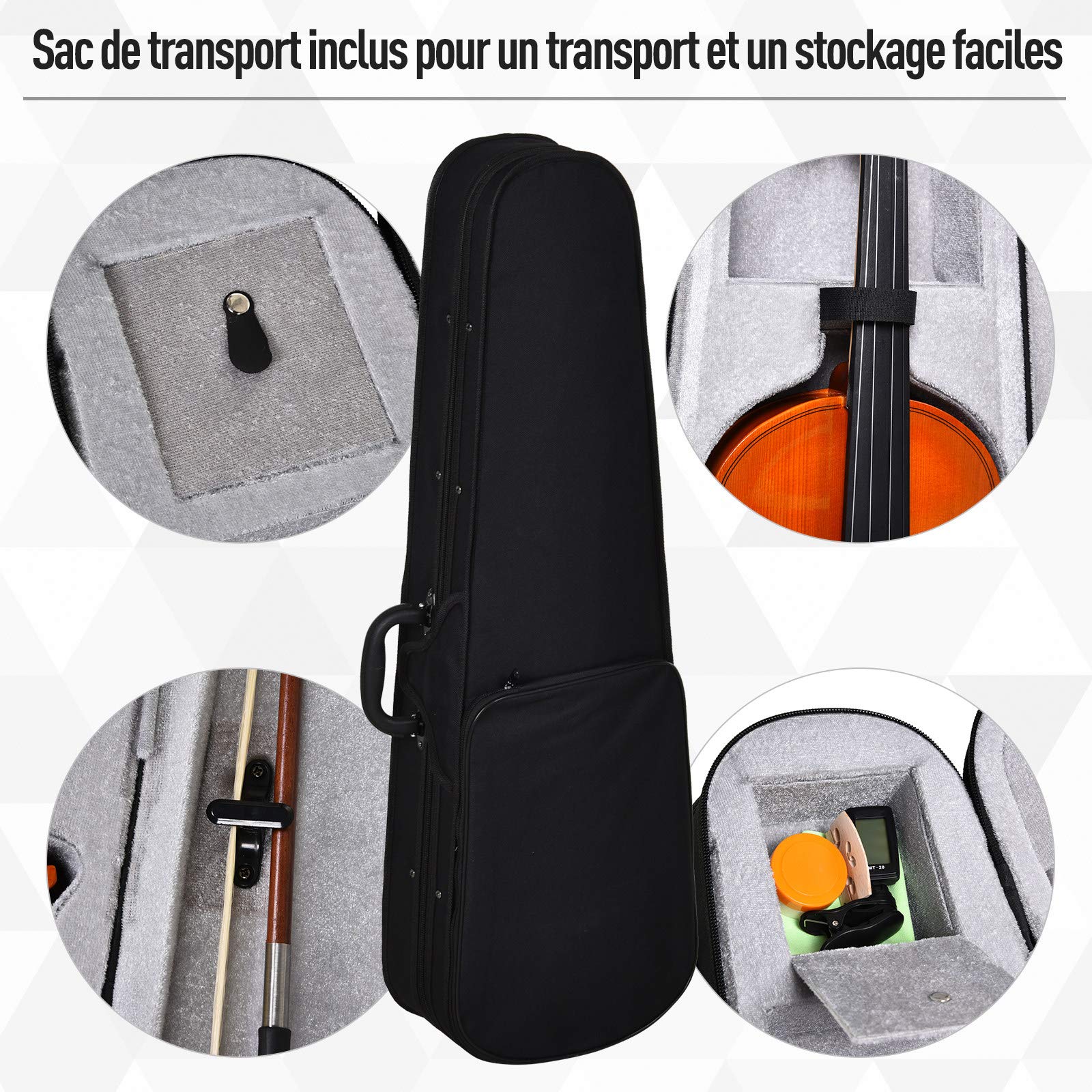 HOMCOM Violon 4/4 pleine grandeur avec étui, accordeur, épaulière, archet, colophane, cordes rechange et chiffon contreplaqué épicéa et érable