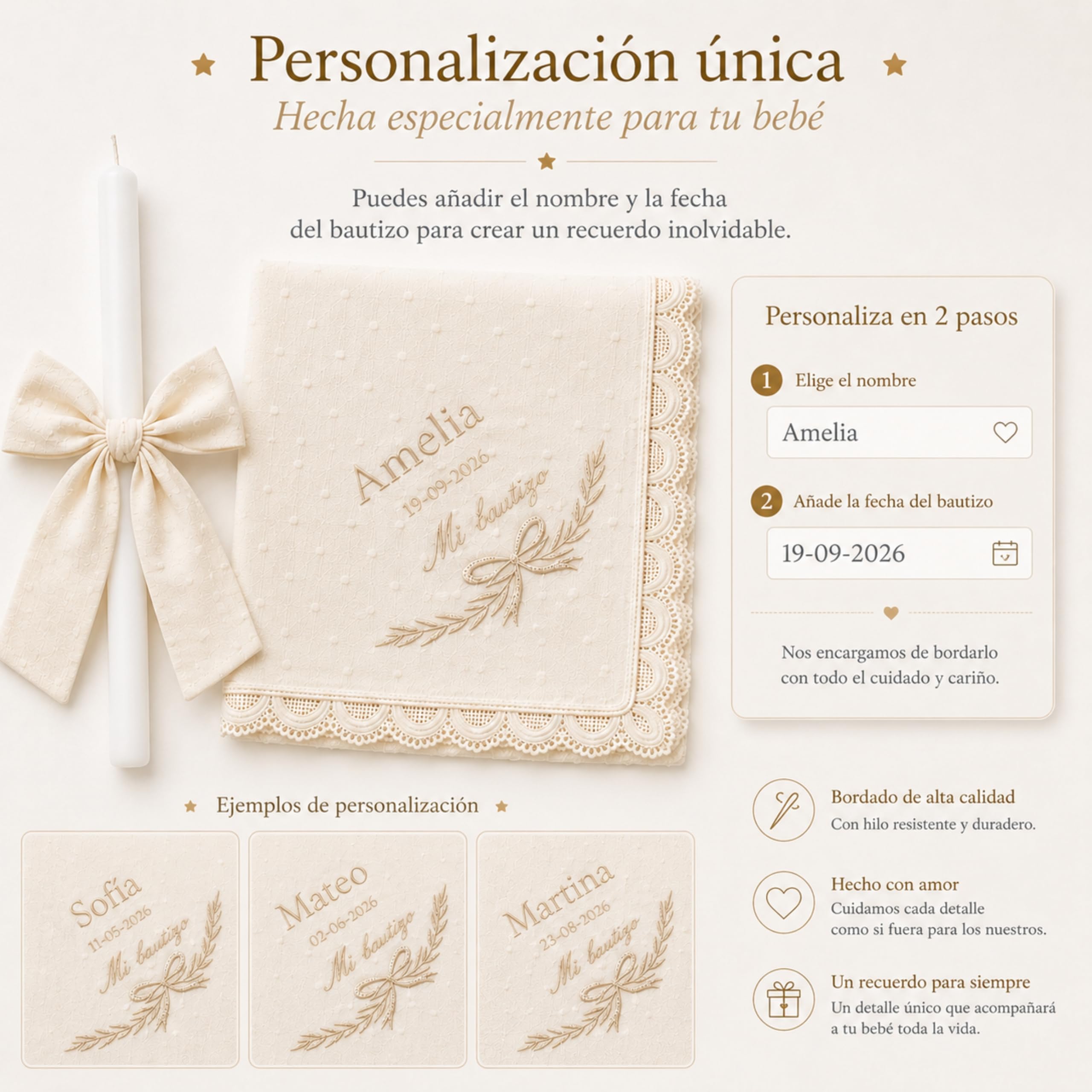 Nenel | Kit de Bautizo Personalizado con Vela y Paño Bordado Plumeti Beige – Regalo Recuerdo Original Bautismo – Cirio Bautismal con Lazo y Toalla con Nombre y Fecha