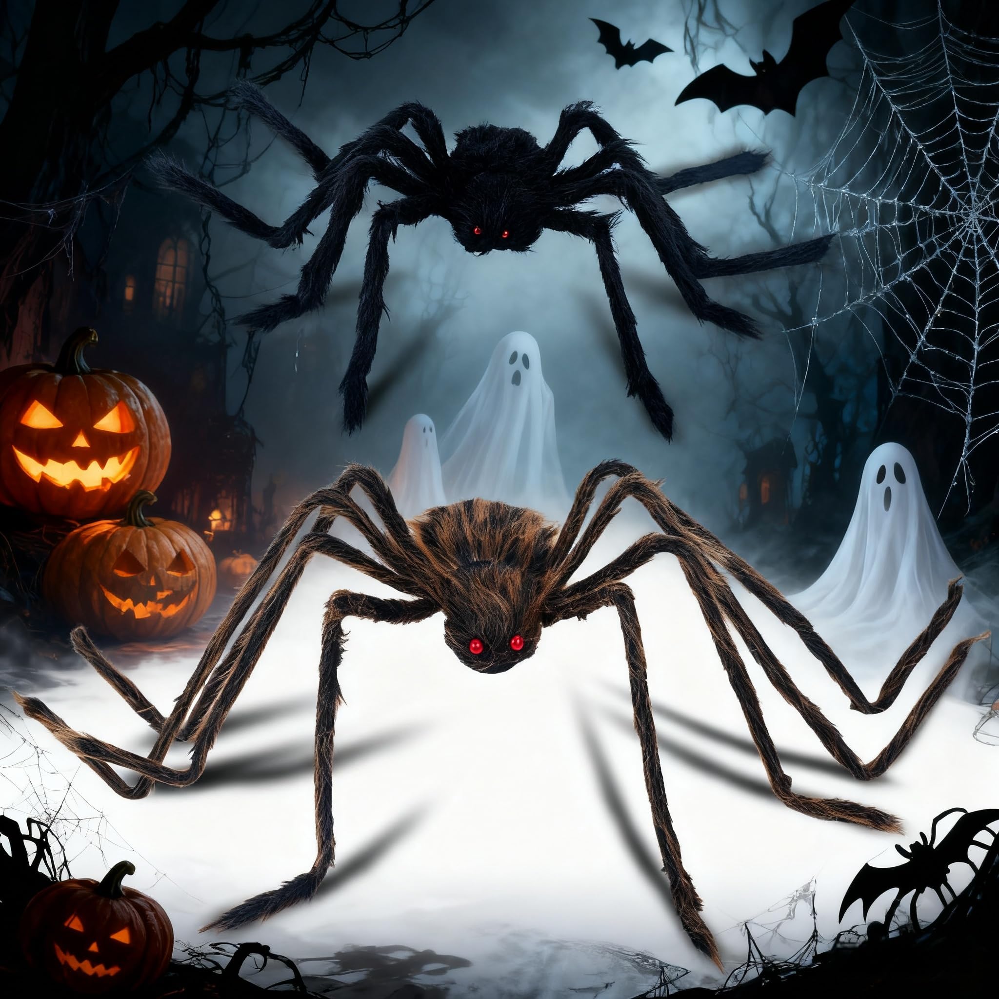2PCS Giant Halloween Spider Decorations for Outdoor and Indoor, 50 inch Brown & 30 Inch Black Scary Giant Spiders with Fuzzy Body and Posable Legs for Haunted House, Garden, Tree, Web Party Decor