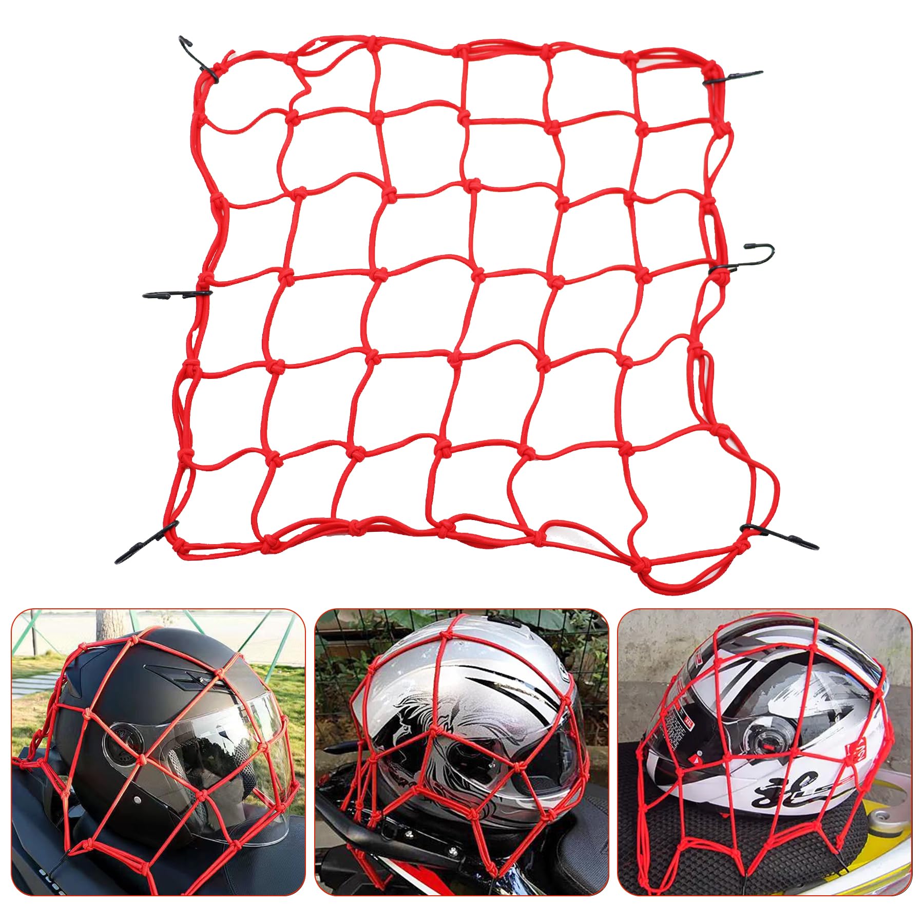 Amiss15"x15" Elastic Motorcycle Cargo Net, Heavy Duty Bungee Net with 6 Adjustable Plastic Hooks, Luggage Thicken Netting with 2"x2" Small Mesh, Fit for Trailer, SUV, Motorcycle, ATV, Bike - Red