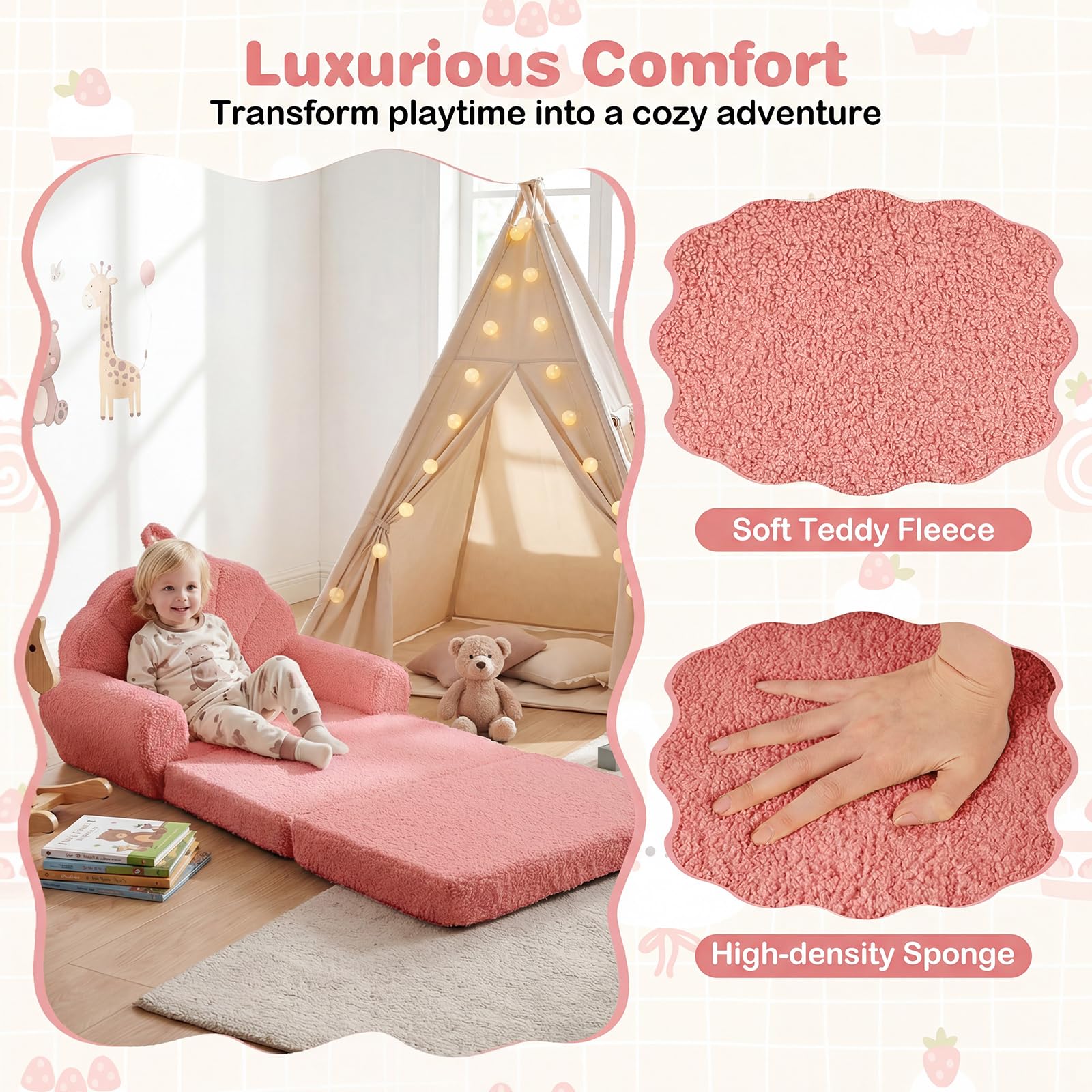 GOPLUS Canapé-Lit Enfant Pliable, Fauteuil Enfant Convertible en Forme de Coquillage, avec Accoudoirs, Poignée, Fauteuil Bebe Doux en Polaire Teddy pour Chambre Salle de Jeux (Rose)