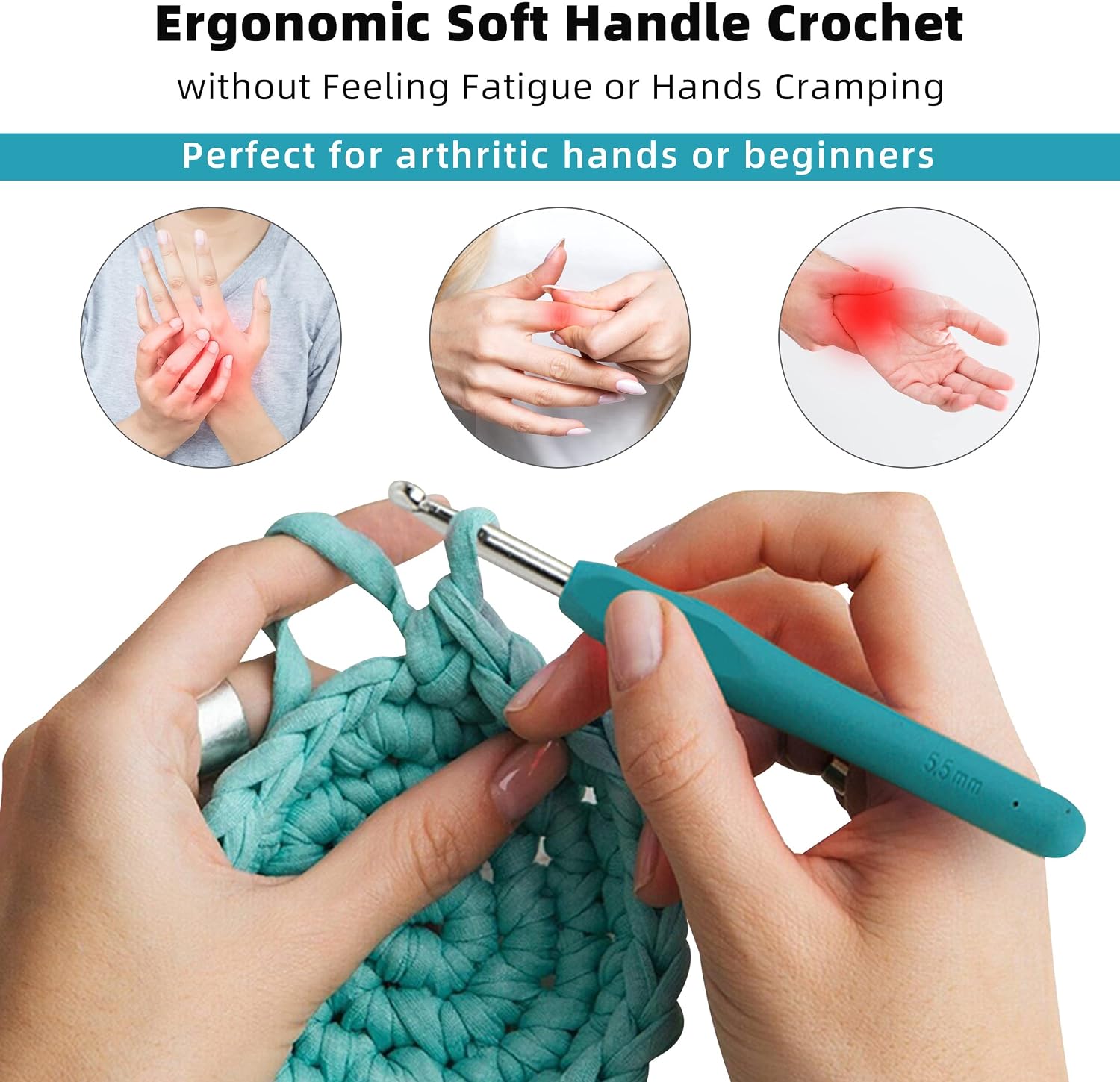 Crochet Hooks Set 12 PCS 2mm(b)-8mm(b) Ergonomic Soft Grip for Arthritic Hands Crochet Needle Set with Case and Crochet Accessories for Beginners, 51 Pack