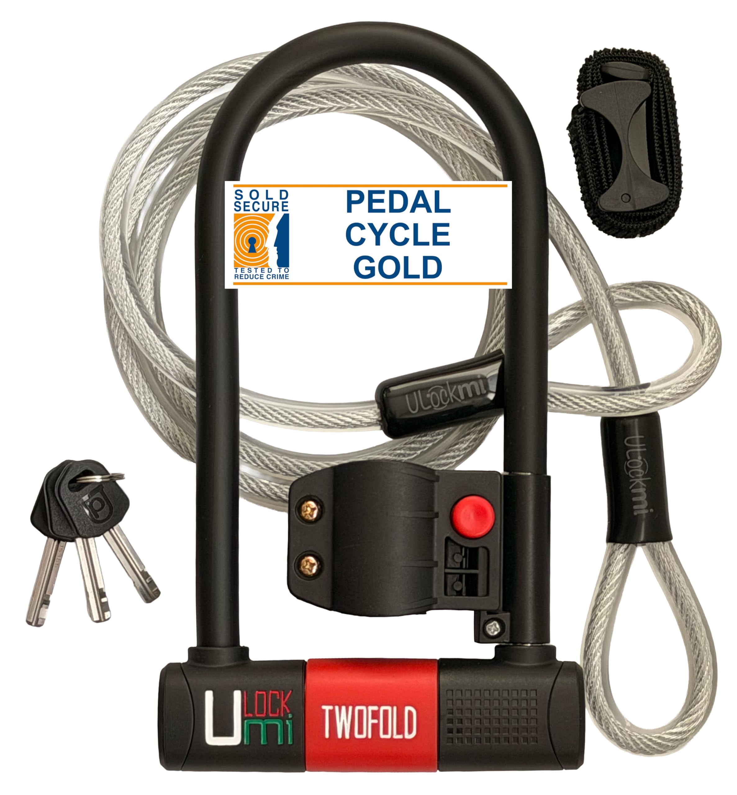 Ulockmi Red Cover Twofold Bike U Lock, 14Mm Hardened Steel, Sold Secure Pedal Cycle Gold Certified, Double Bolt Shackle, 3 Coded Keys, Cable And Frame Mount (Red Cover)