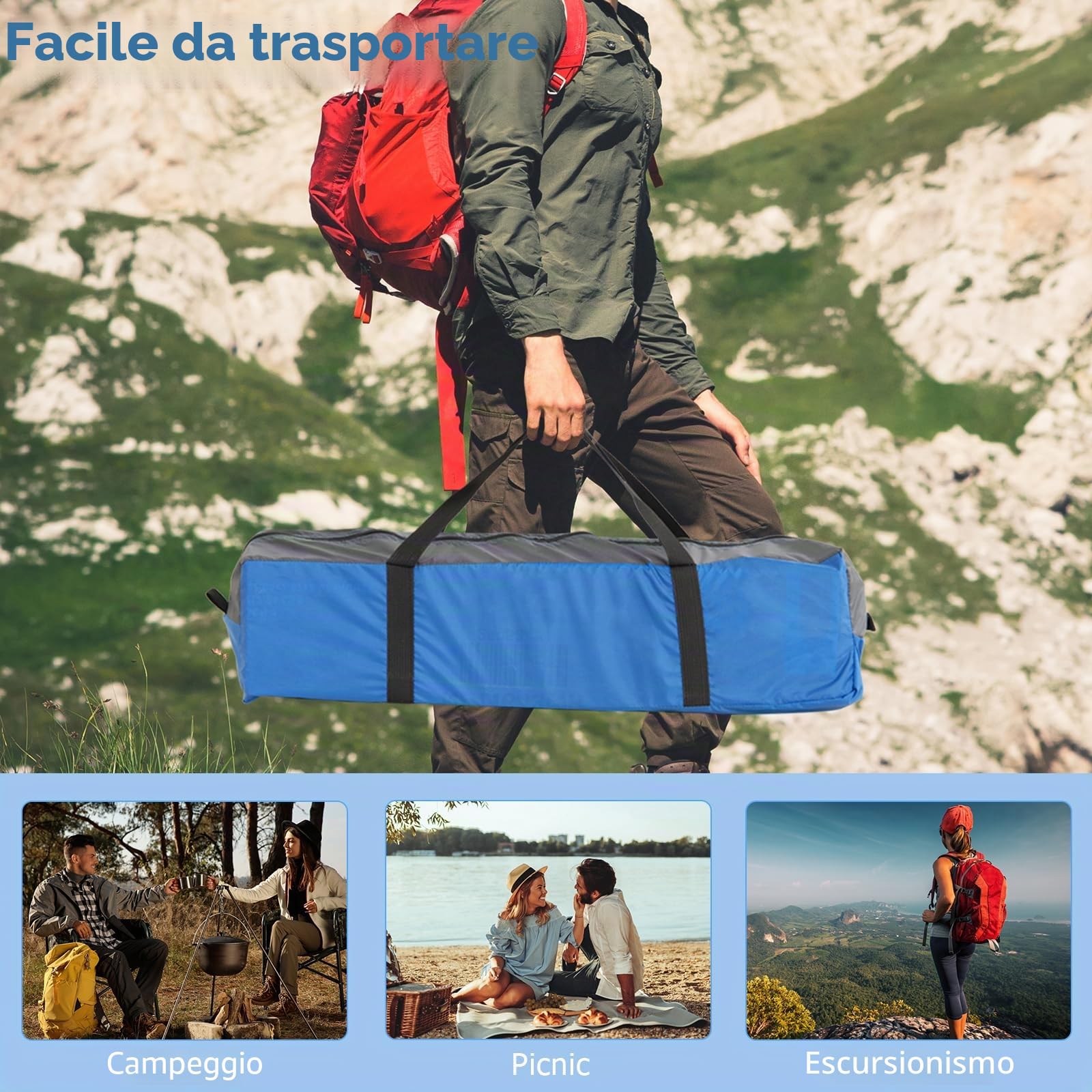 HOMASIS Tenda da campeggio per 2-3 persone, impermeabile a cupola con 3 finestre e tettuccio a pioggia, tenda da esterno con 4 corde antivento e 8 picchetti, tenda ultraleggera per trekking,