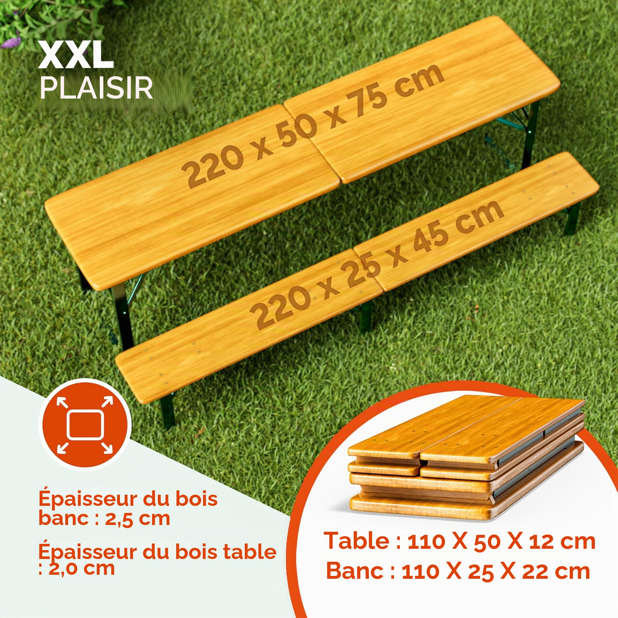 Casaria Ensemble Table et 2X bancs Bois Pliable