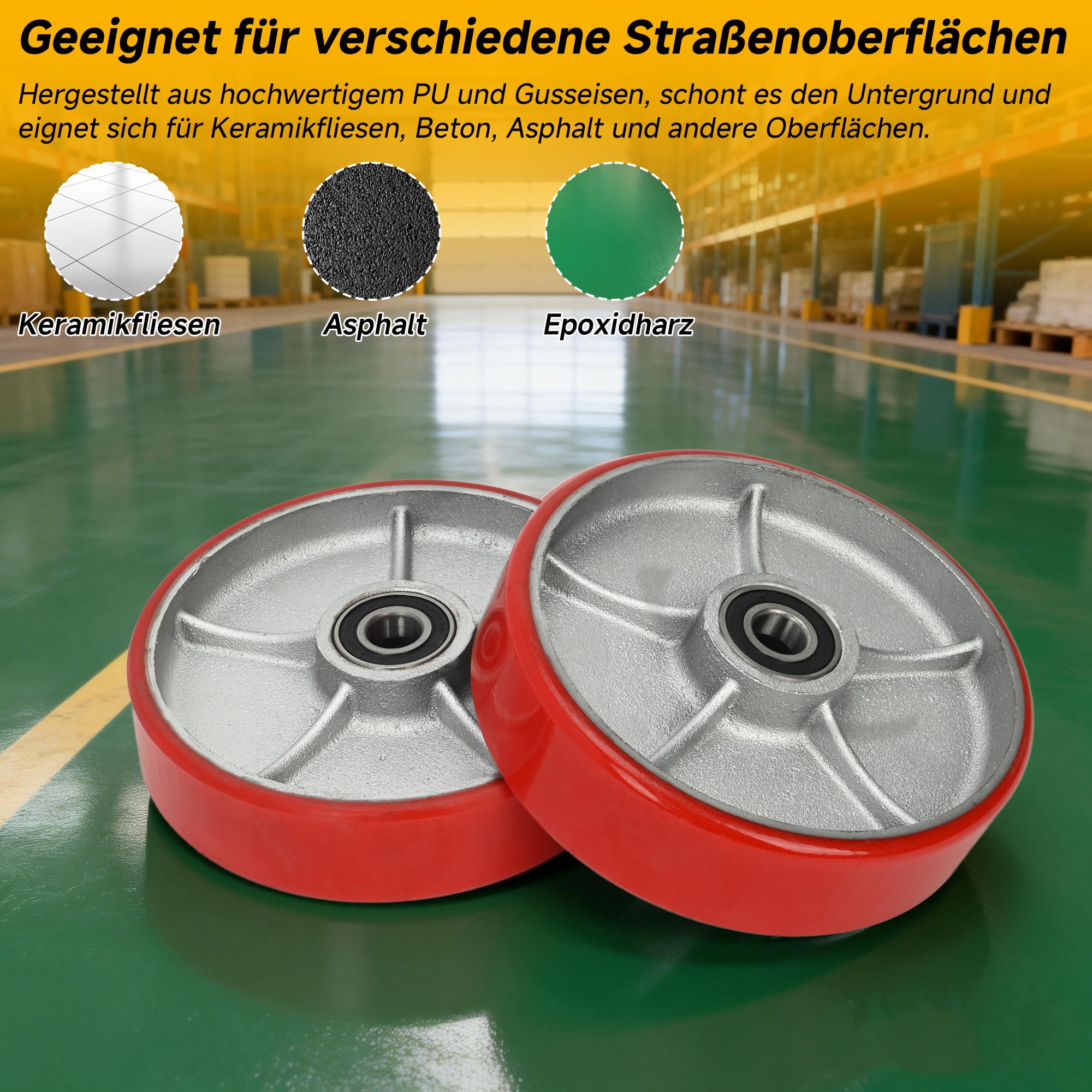 Lot de 2 roues de transpalette, Ø200 x 50 mm, roues de transpalette en polyuréthane, essieu de 20 mm, avec roulements à billes pour roues de rechange, roues de transpalette à palette pour