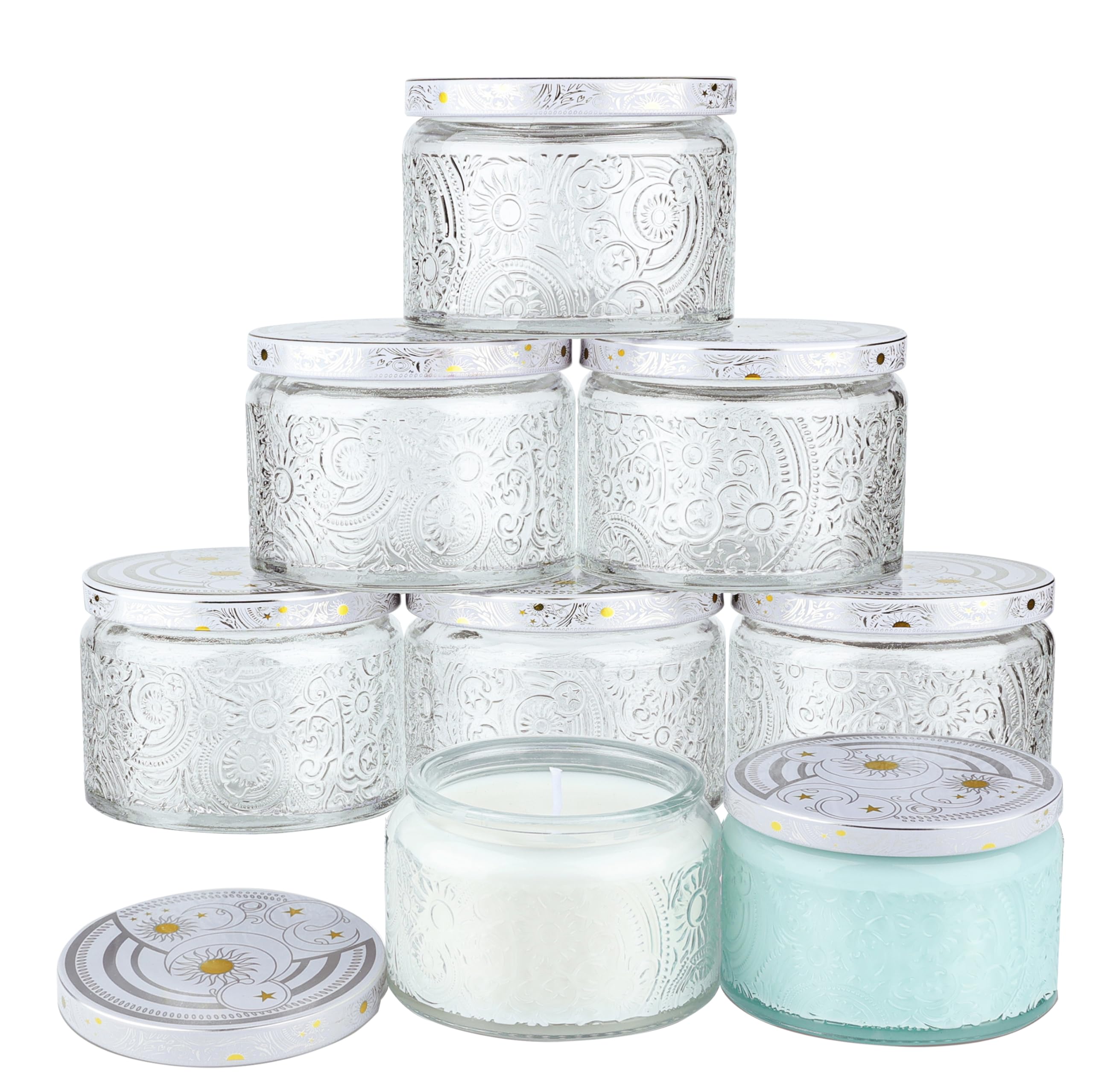 Art Secret 8-Pack 4oz Embossed Glass Candle Jars with Lids and Labels - Sun Moon Stars Design (Clear)