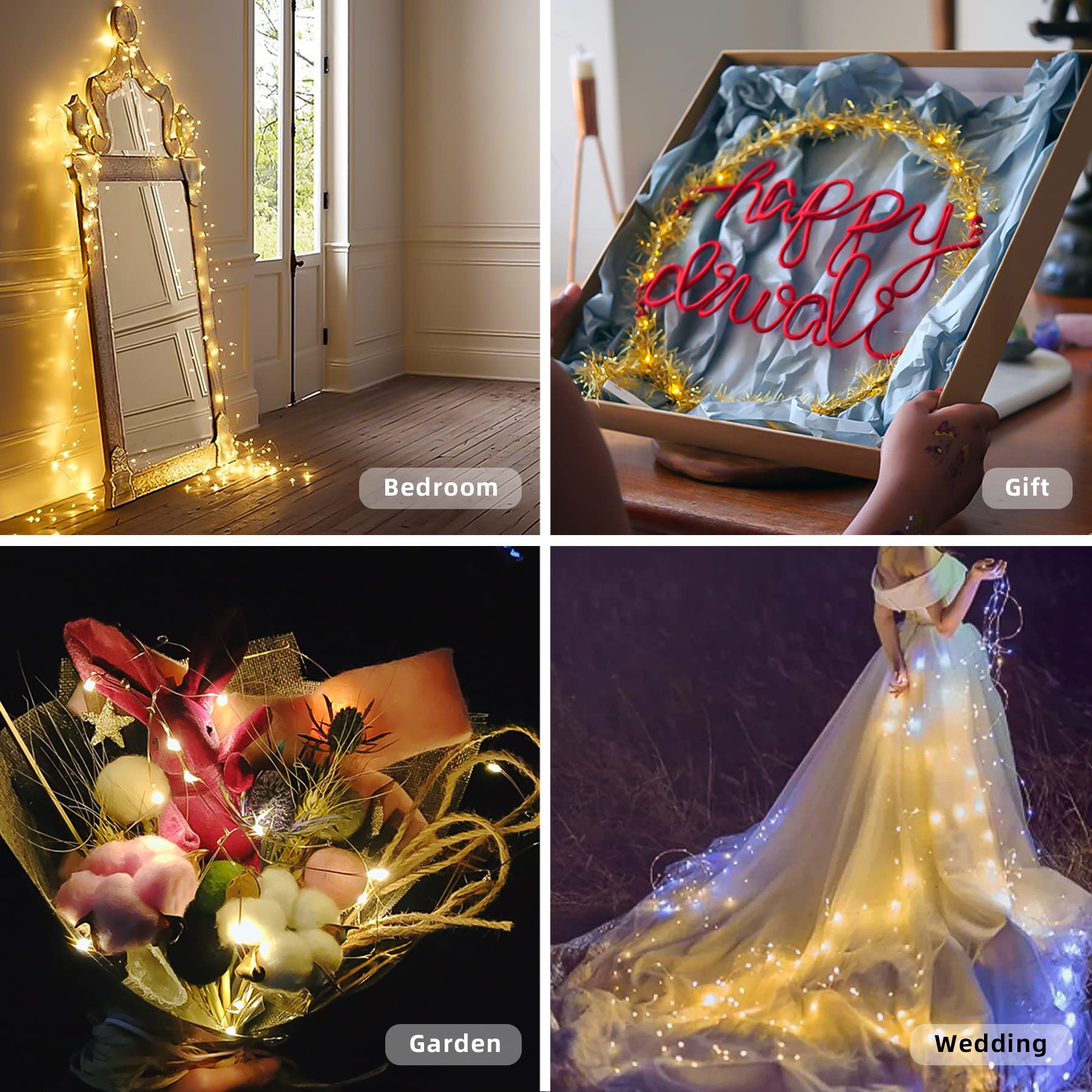 LIGHTOP Lichterkette für den Innenbereich, 6 Stück, 20 LEDs, Kupferdraht, batteriebetrieben, Mikro-Lichterkette für Weihnachtsbaum, Schlafzimmer, Hochzeit, Geburtstag, Party, DIY-Dekoration (warmweiß)