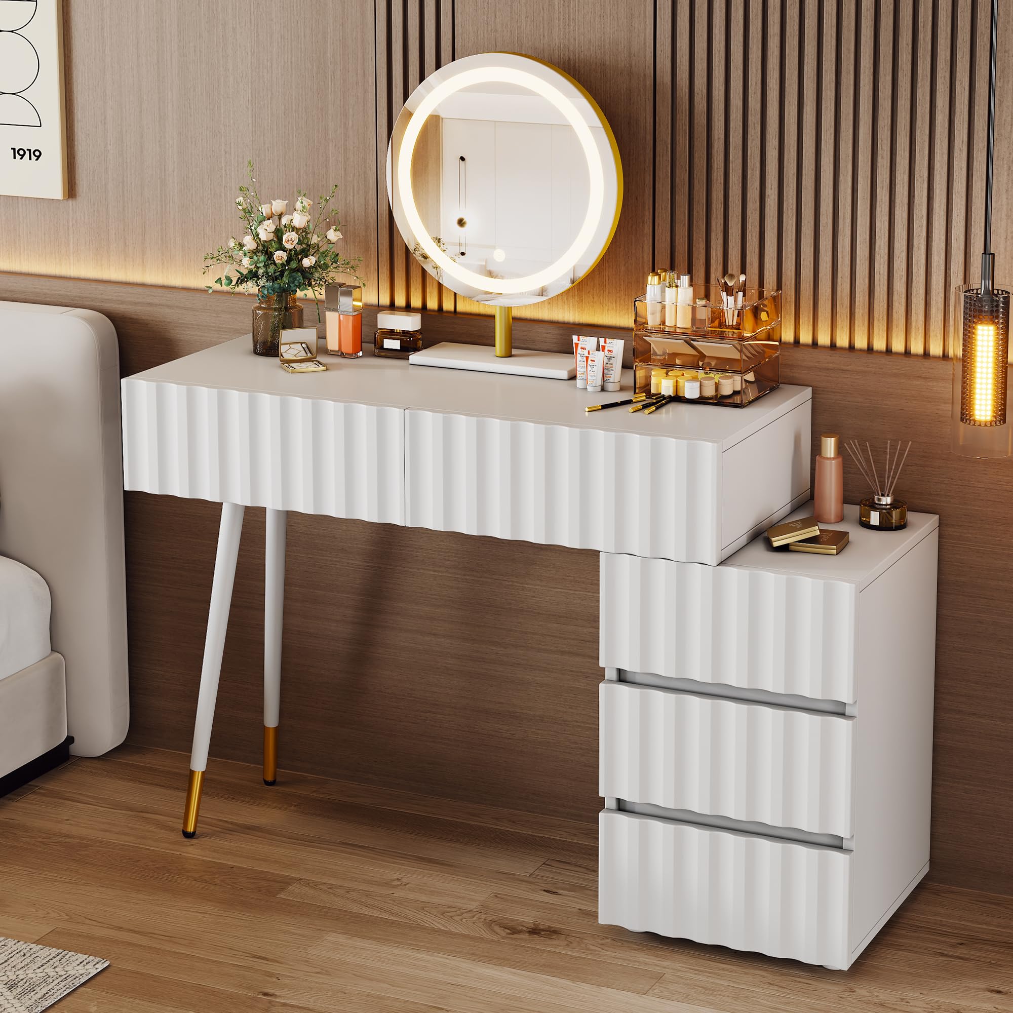 Lcoho Tavolo da toeletta con specchio a LED e illuminazione - Set da toeletta bianco per camera da letto con 5 cassetti spaziosi - Dimensioni: B100/H127/T40 cm (senza sgabello)