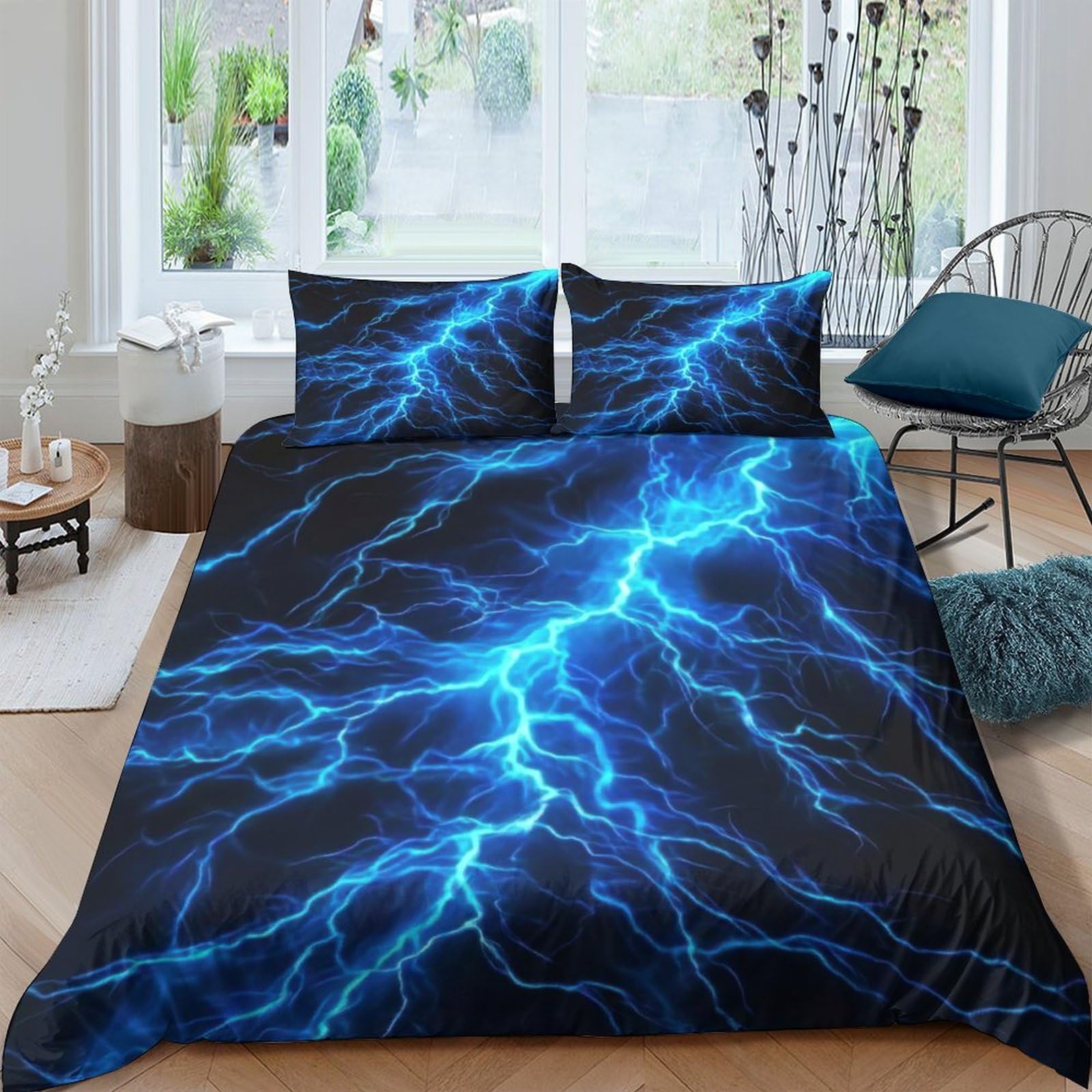 GPLZQXKJNH 3D Printed Electric Lightning Duvet Cover Set Microfiber Soft Breathable Blue Thunder Bedding Set with 2 Pillowcases for Bedroom Decor Single（135x200cm）