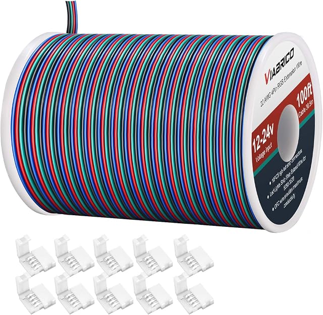 VIABRICO 100ft 22AWG 4pin RGB Wire Extension Cable, with Spool and 10pcs RGB Led Strip Connectors, for Led Lights Wires Strip Extend 5050 3528