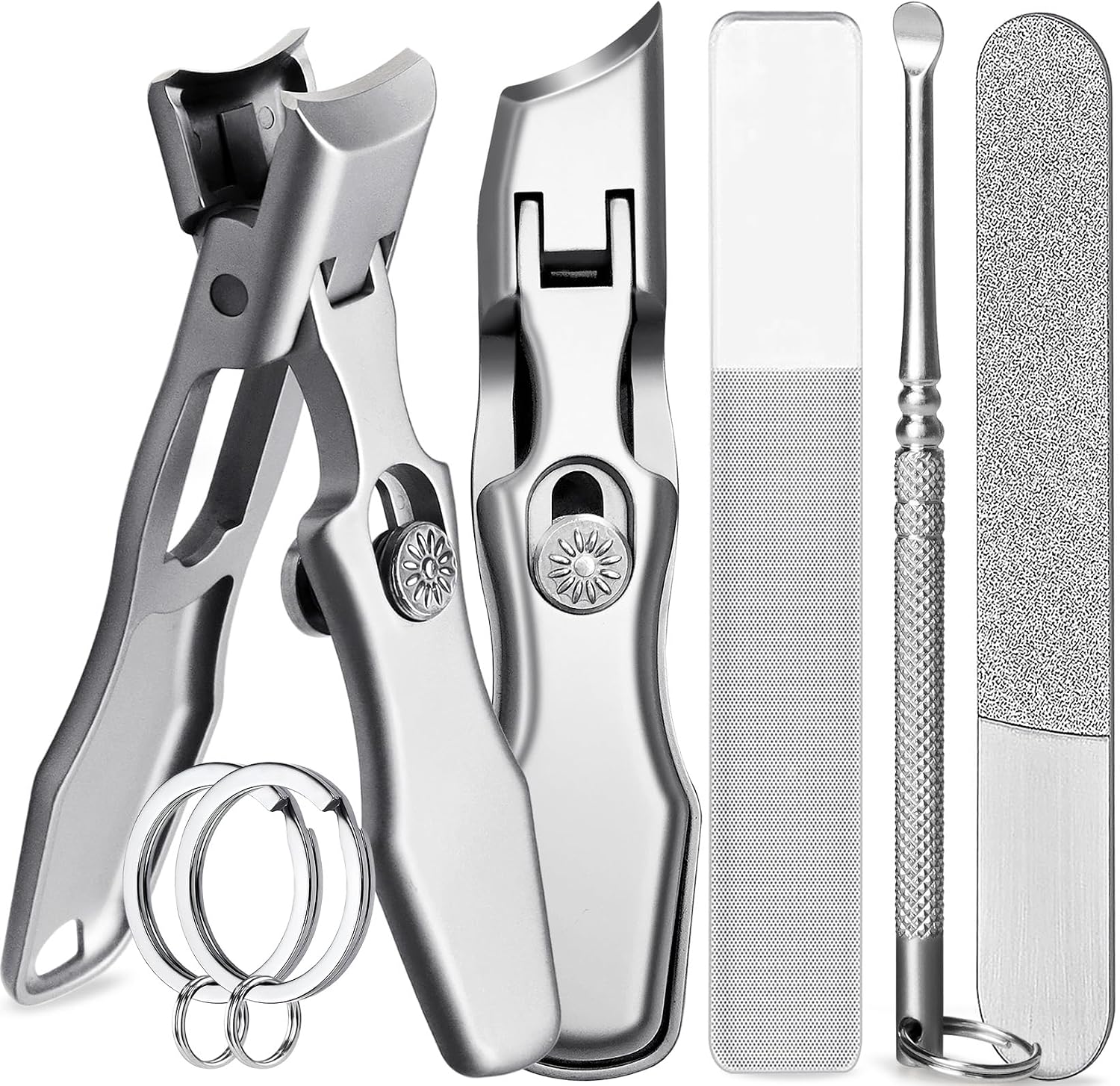 Curved & Slanted Nail Clipper Set, Wide Jaw with Folding Safety Lock, Heavy Duty Stainless Steel Toenail Clippers with File & Ear Pick, Anti-Splash for Thick Ingrown Nails for Seniors, Men