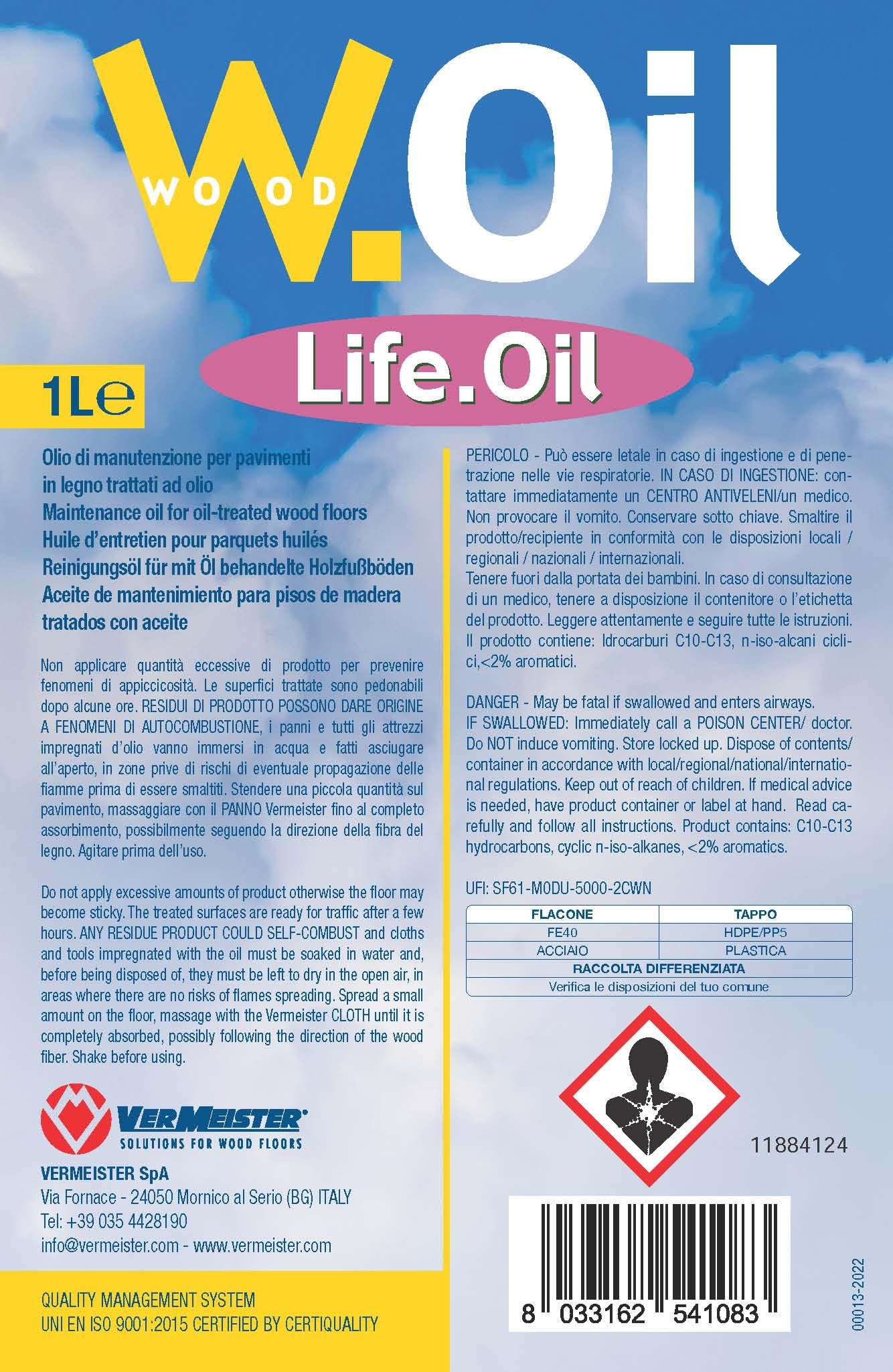 Life.Oil Vermeister - Olio impregnante per la manutenzione straordinaria di pavimenti e superfici in legno trattate ad olio. 2 latte da 1L