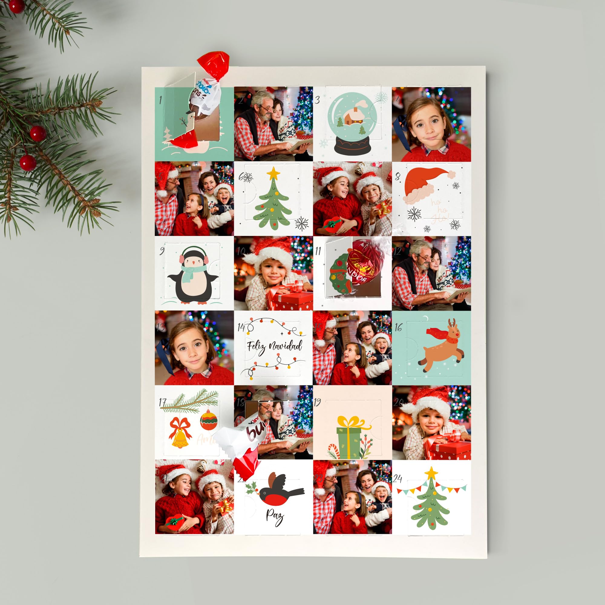 Calendario de Adviento Personalizado con Fotos, Relleno de Chocolate Sorpresa, Decoración Navideña