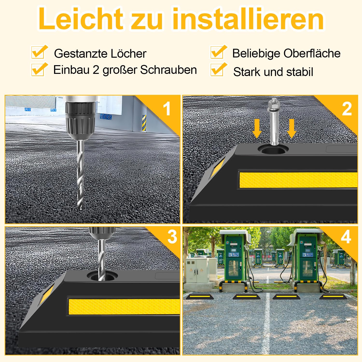 8X butée de Roue 54 x 15 x 10 cm – en Caoutchouc – 4 kg/pièce – avec Réflecteurs – Aide au stationnement Stop Roues pour Parkings, Sol Garage