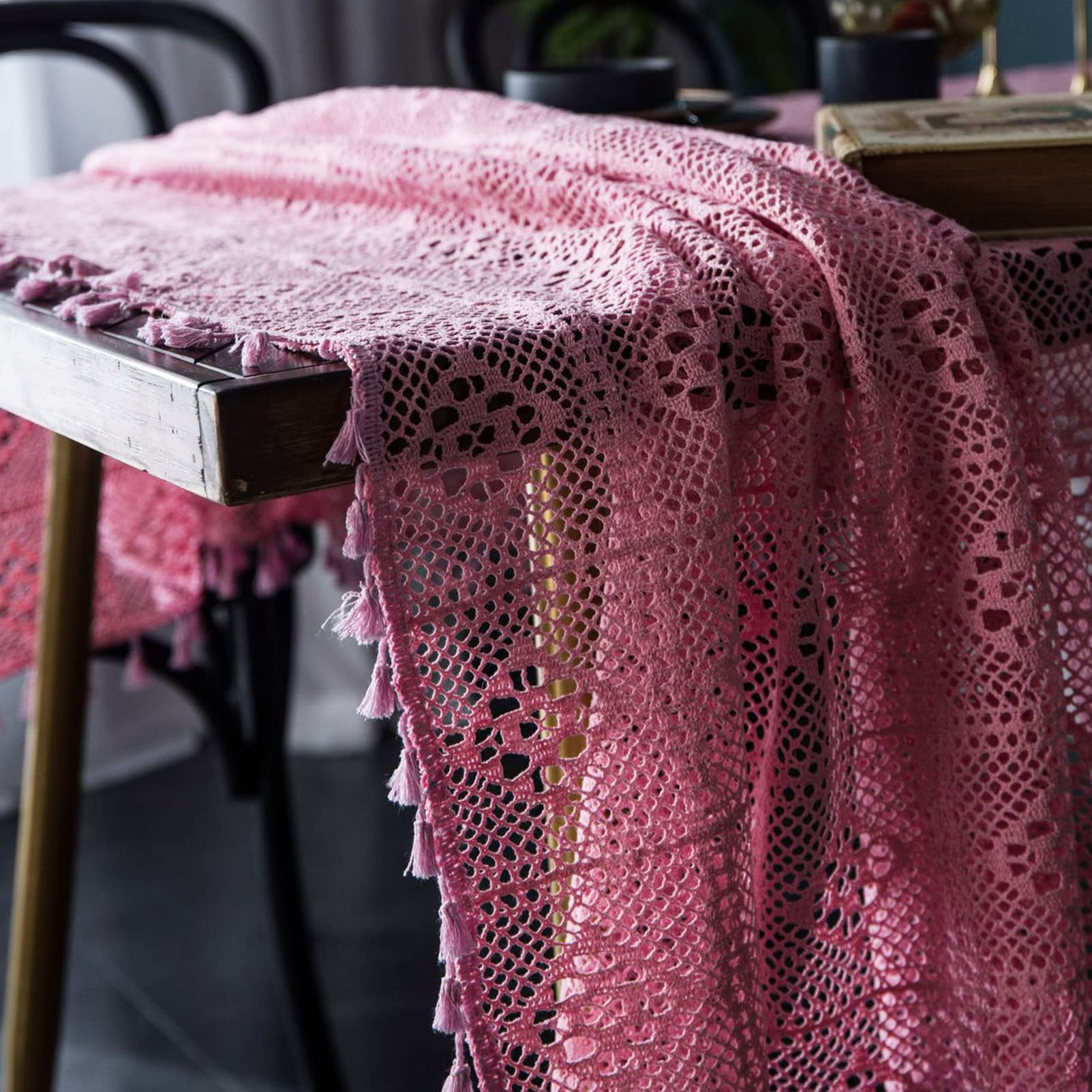 Crochet Lace Tablecloth With Tassel | Rectangular Table Cover 55x79 Inch For Wedding Party - View #8