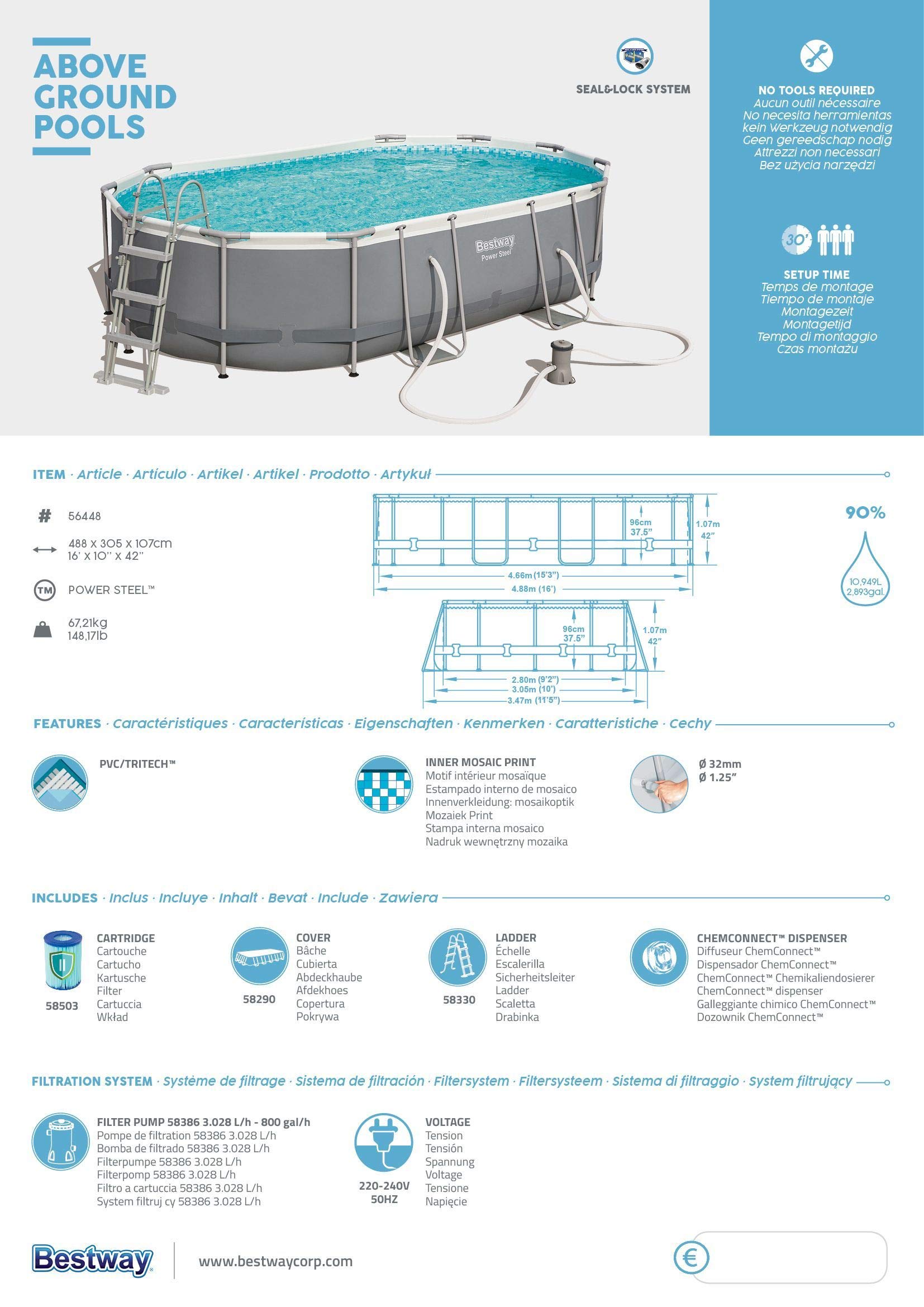 Bestway Power Steel Oval Basen Ogrodowy, Szary, 488 x 305 x 107 cm