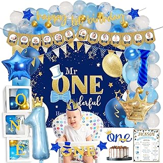 116 PCs Mr Onederful Birthday Decorations, Homond Boys 1st Blue and Gold Little Man Party Decorations Backdrop Balloon Garland Monthly Photo Highchair Banner Box Cutout Cake Topper Crown Poster