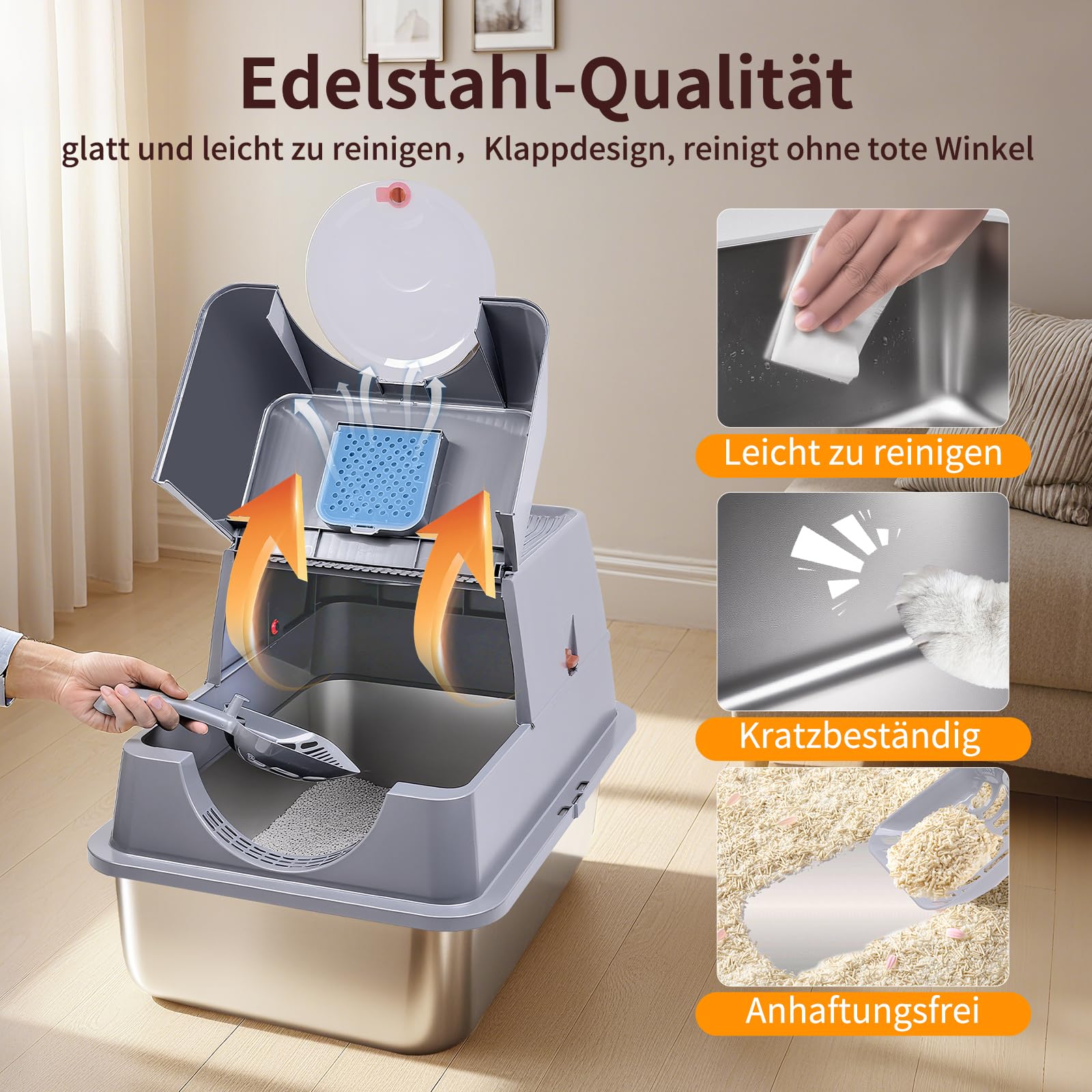 Katzenklo Edelstahl XXL mit Deckel, Katzentoilette Edelstahl 37L Große, Katzentoilette Groß mit Pedals und Schaufel, Katzenklo Spritzsicher & Leicht zu Reinigen, 60x40x39 cm (grau)