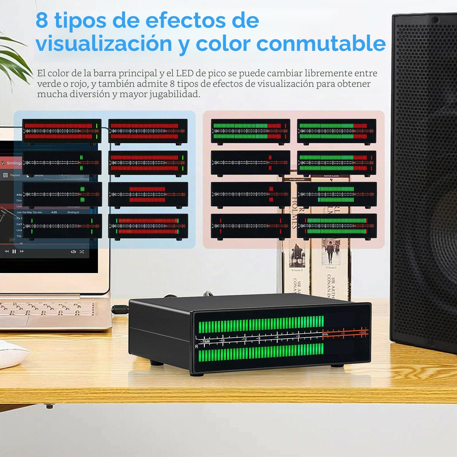 MIC+LINE - Medidor de nivel de sonido LED de dos canales, pantalla de espectro de música, estéreo RCA/adaptador de audio AUX de 3,5 mm
