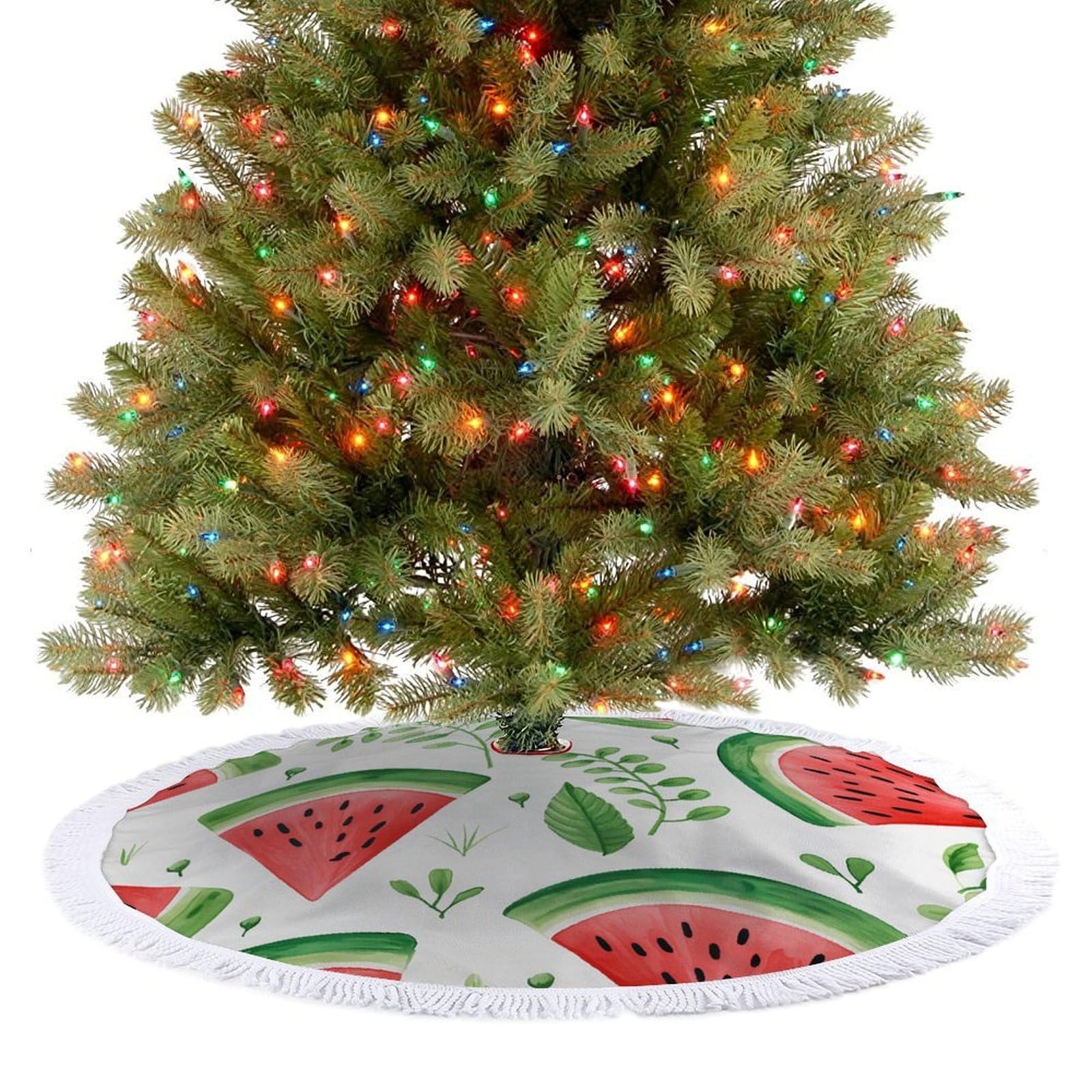 Watermelon Pattern Christmas Tree Skirt 48" Rustic Xmas Tree Mat with Tassel Ornament Christmas Trees Cover Skirt Mat for Evergreen Trees Ornament Winter Holiday Mats Decorations