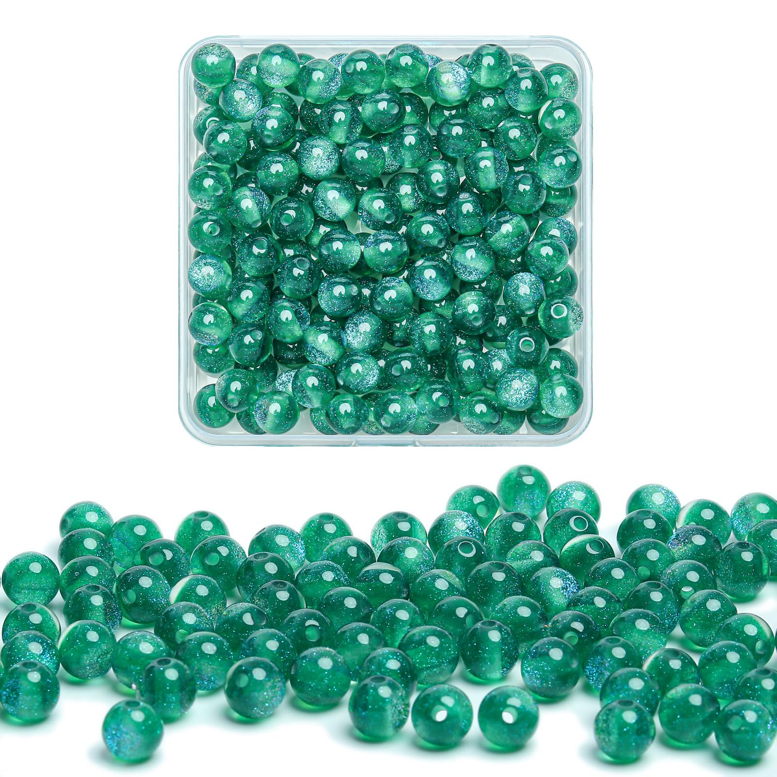 Gkelaly 8mm Green Glitter Glass Beads for Bracelet Making, 200pcs Iridescent Round Crystal Beads for Jewellery Making, Necklaces and Earrings, with Storage Box
