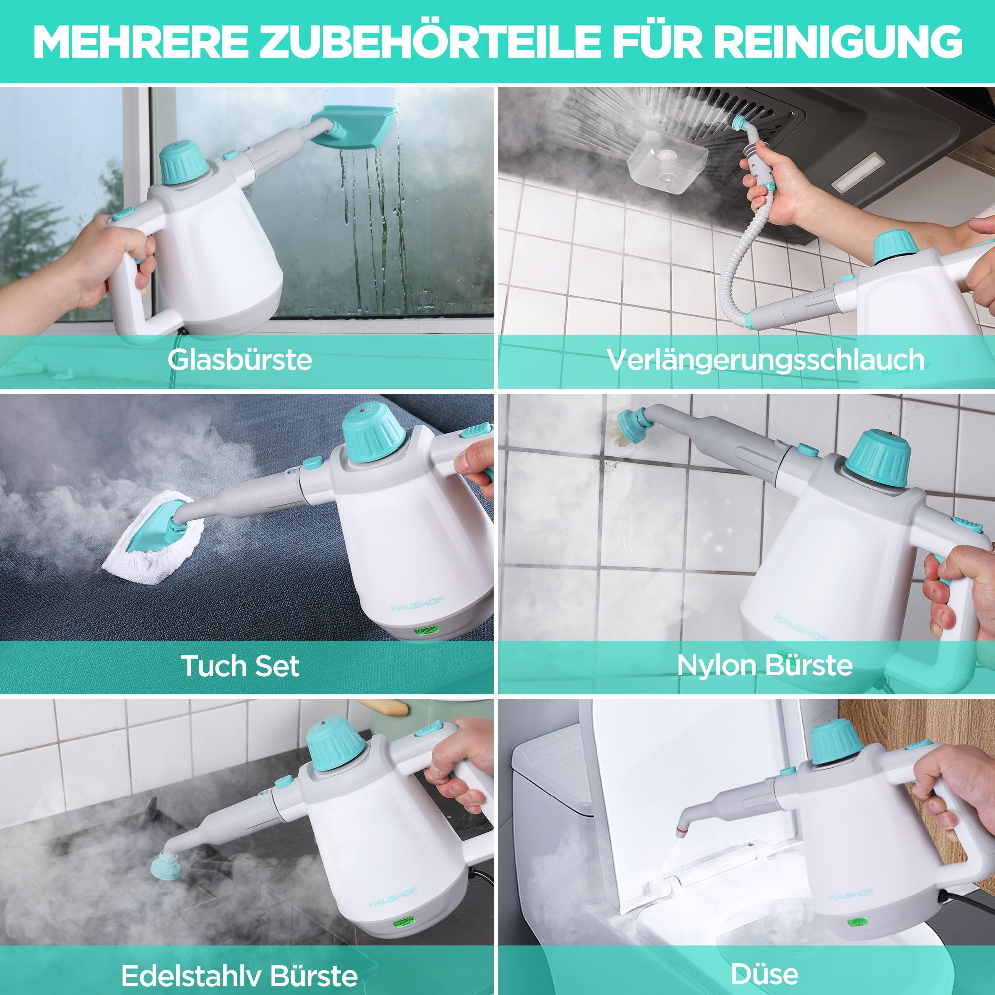 HAUSHOF Dampfreiniger Handgerät 450ml, 1200W Hand Dampfreiniger für alles mit 8 Zubehör, 3,0 bar Dampfdruck zum Erweichen von Schmutz und Fett von Böden, Fenstern, Küchen, Toiletten, Auto