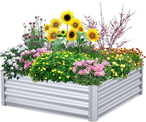 Highpro Camas de jardín elevadas de 3 x 3 x 1 pies, cajas de metal galvanizado para hierbas, verduras, flores y suculentas, color plateado