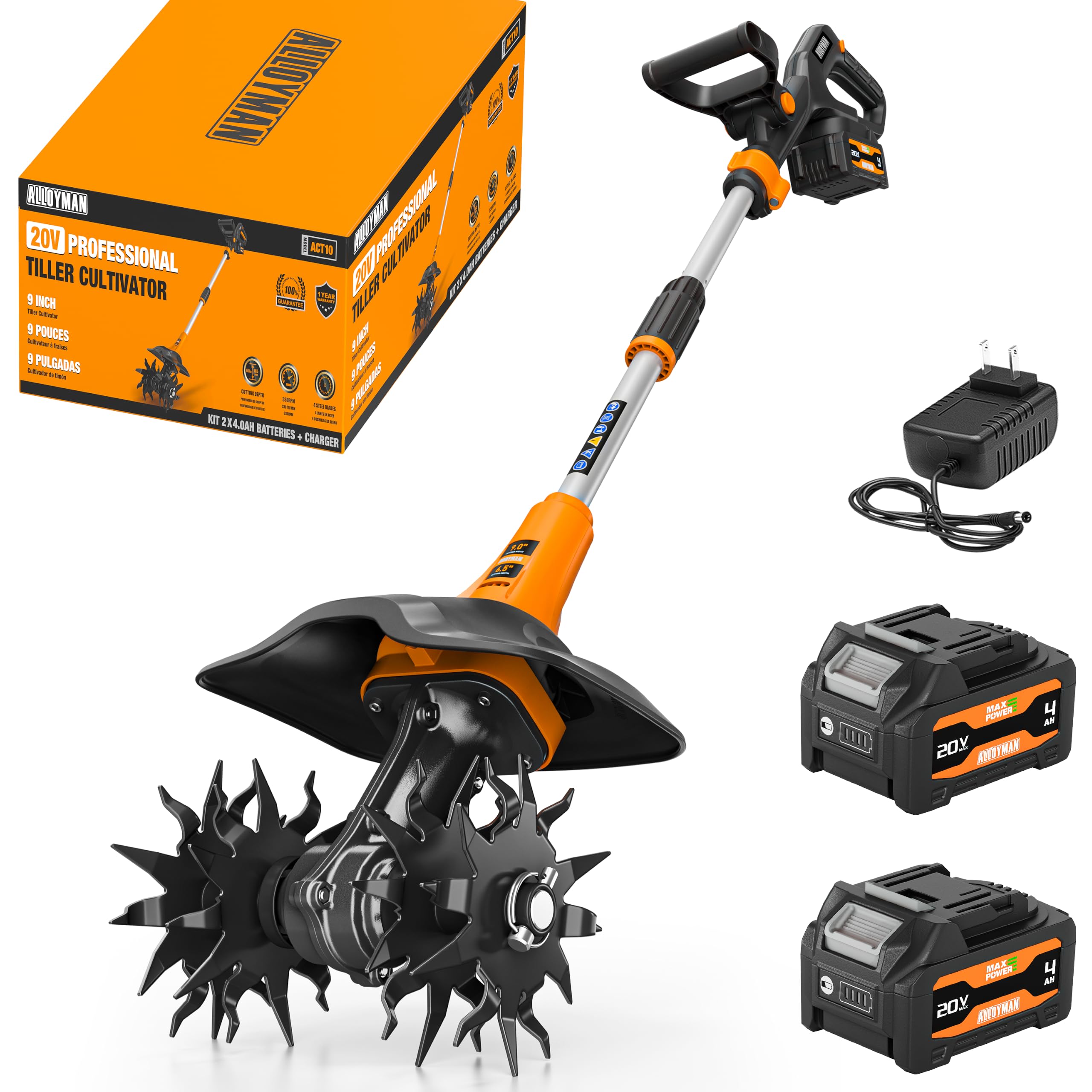 Alloyman 20V Cordless Tiller Cultivator, 330RPM Electric Tiller for Gardening with 2*4.0Ah Battery, 9" Tilling Width 6.5" Depth, Lightweight Adjustable Handle Rototiller for Gardening/Soil Cultivation