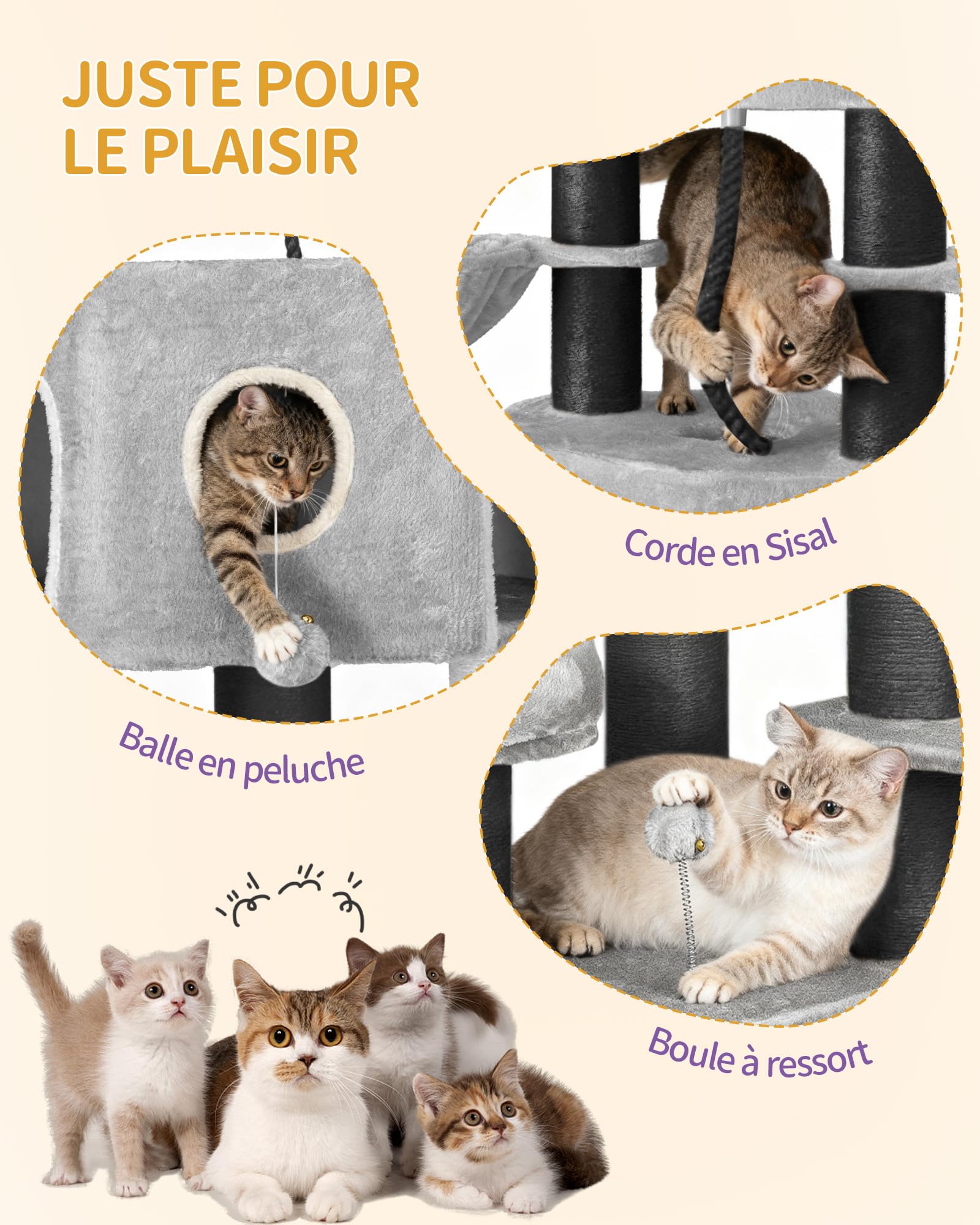 Hzuaneri Arbre à Chat, 163 cm, Poteaux en Sisal de 11 cm D'épaisseur | Niche, Plateforms, Balle en Peluche, Brosse pour Chat, Griffoir à Plusieurs Niveaux, Gris Clair Noir MS16318BG