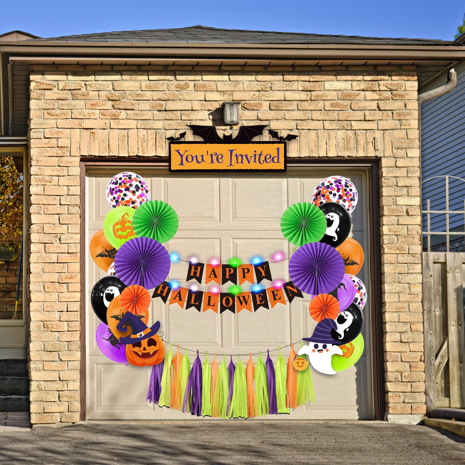 Zestaw dekoracji bagażnika lub smakołyków na Halloween, do samochodu, SUV-a, z banerem, wachlarzami papierowymi, balonami, frędzlami, dekoracja na Halloween, do drzwi garażowych, wejściowych