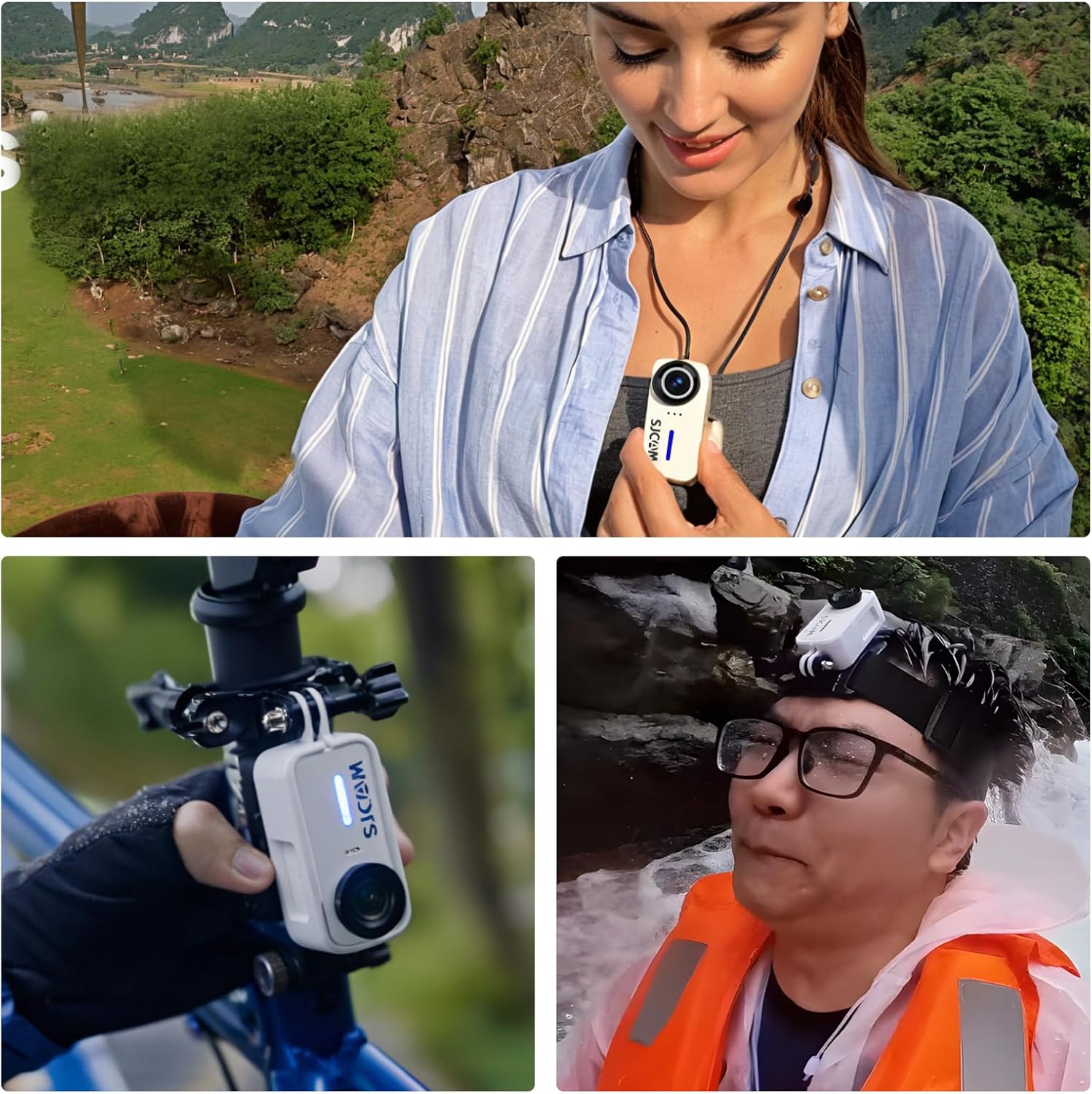 Examples of SJCAM C110+ accessories in use: magnetic lanyard worn by a woman, camera mounted on a bike, and head strap worn by a man
