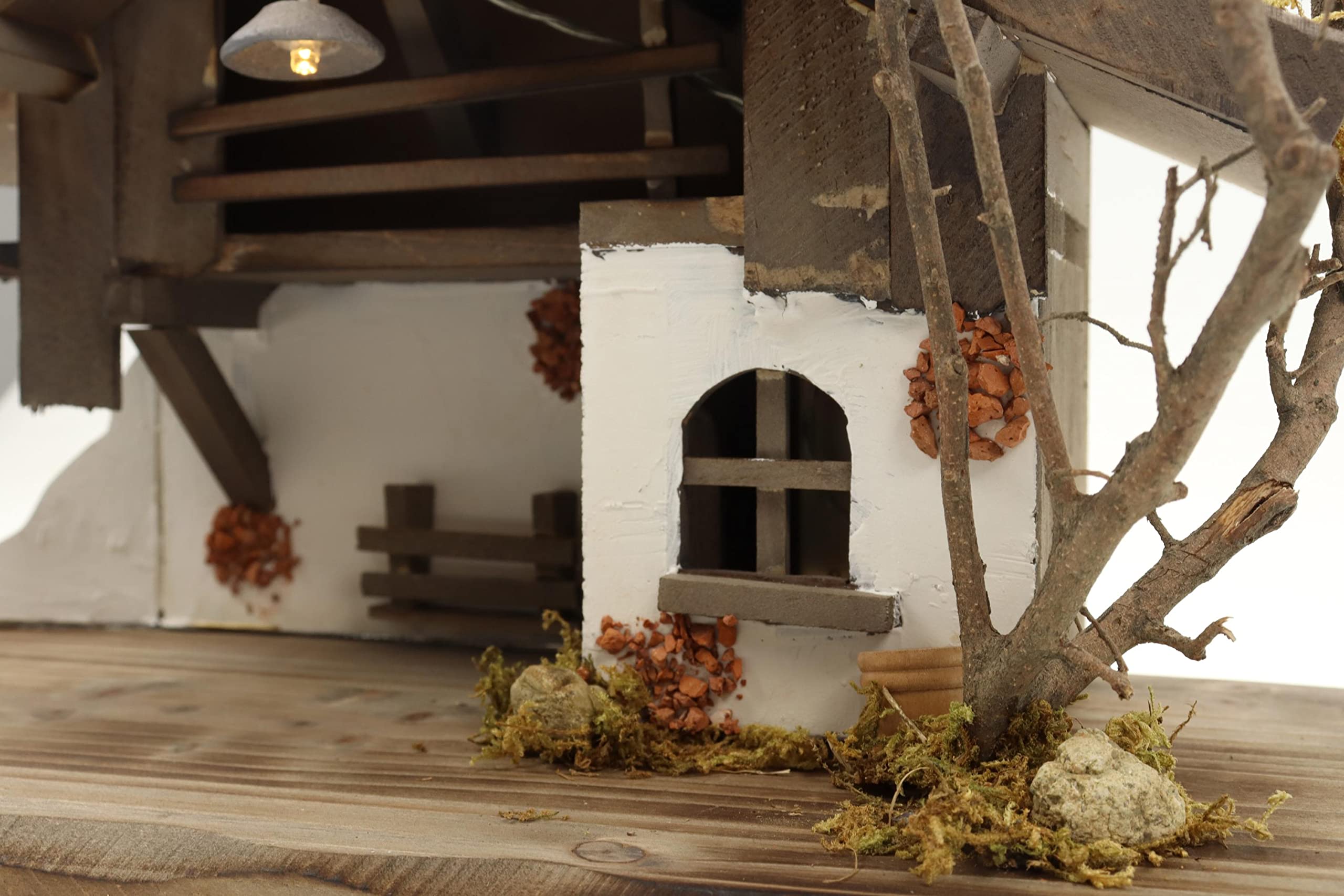 ELLUG Holz Krippenstall, Weihnachtskrippe mit Licht 38 * 18 * 21cm (OHNE Krippenfiguren) aus Holz, für Figuren bis 10cm Höhe