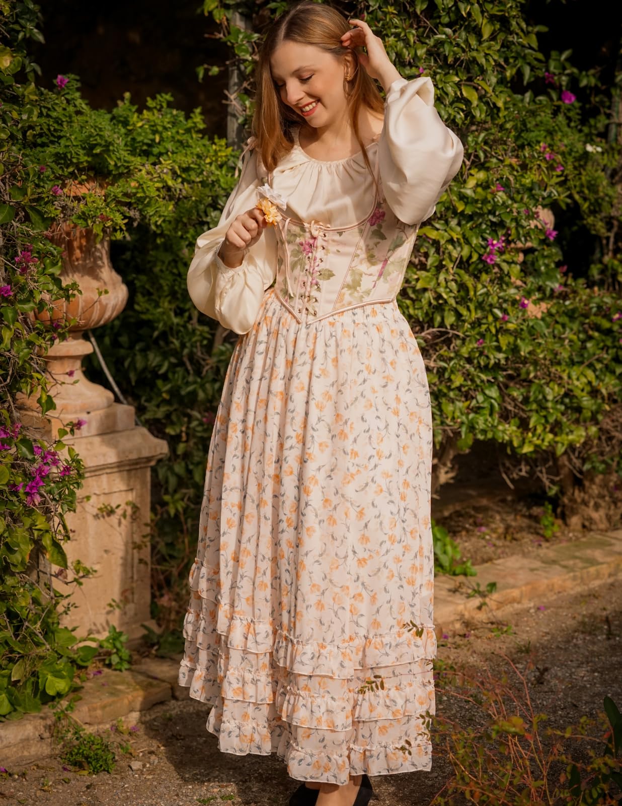 SCARLET DARKNESS Falda larga de gasa floral para mujer, cintura alta, elástica, con volantes, con bolsillos