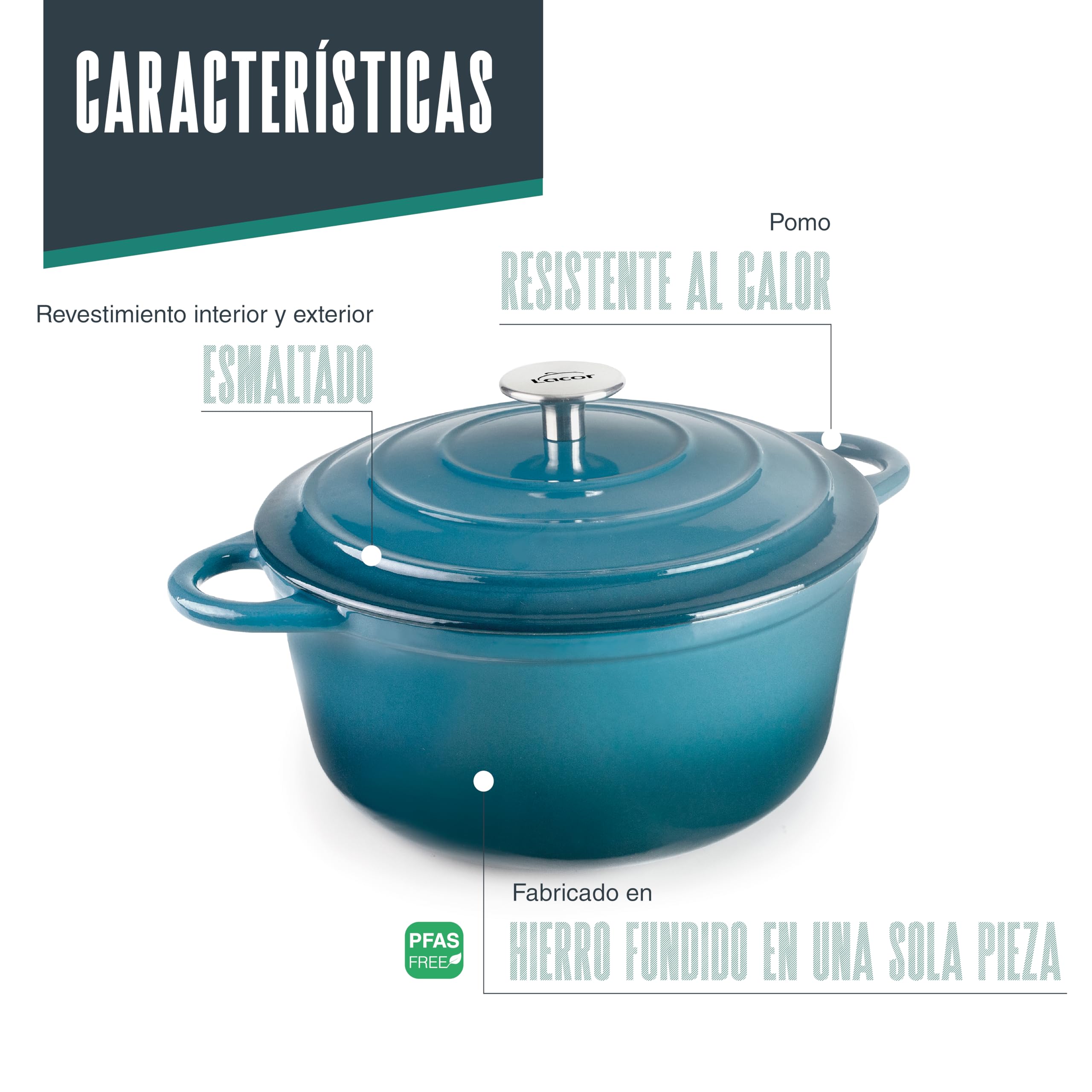 LACOR 71704 - Cacerola Hierro Fundido Esmaltado, 3, 5 Litros, Diámetro 24 | En hierro robusto, para guisos y cocciones uniformes; apto para inducción y horno, apto para lavavajillas, cómodo y funcional