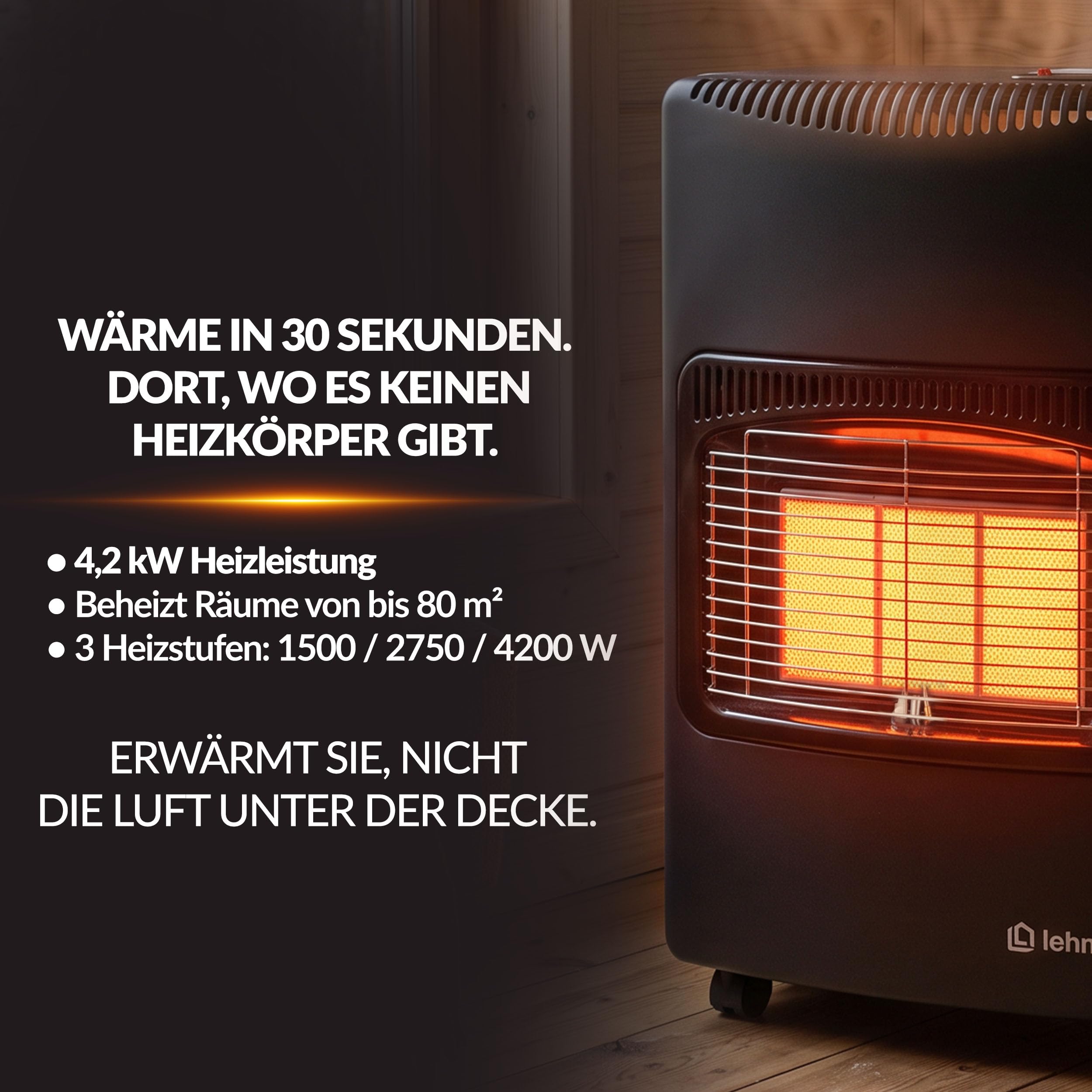 LEHMANN Gasheizer, Gasheizung 4,2 kW, bis 80 m², Infrarot, Piezozündung