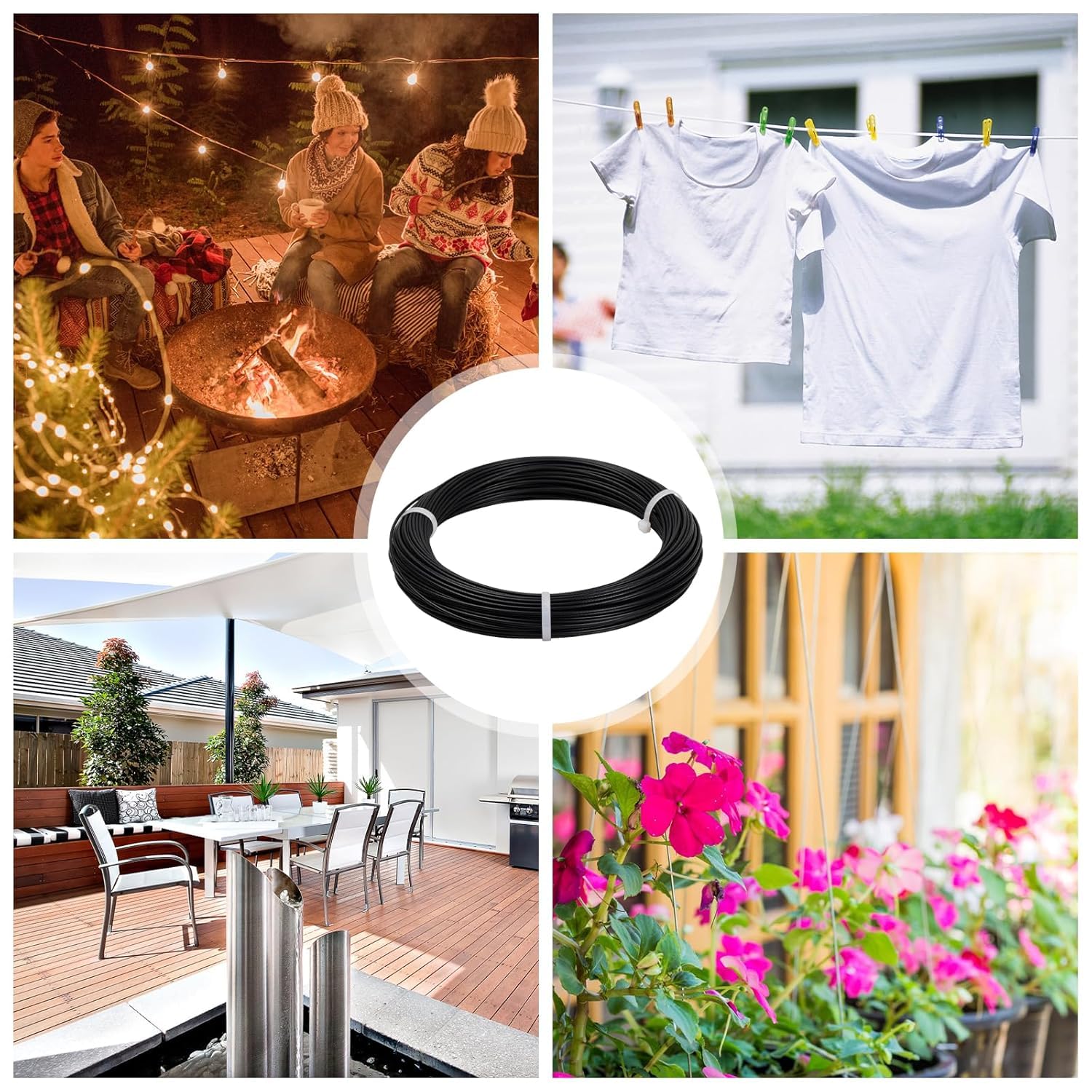 50m Câble Métallique 3mm, Câble Acier Inoxydable 7x7 PVC Enduit avec 8 Serre Câbles Acier, 20 Boucle de Sertissage en Aluminium, Fil de Suspension pour Cadre Rideaux Jardin Extérieur (Noir-3mm)