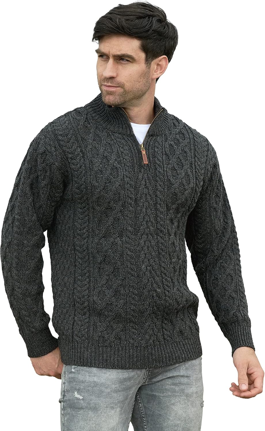Aran Crafts Men's Irish Soft Cable Knitted Zip Neck Jacket (100% Merino Wool)