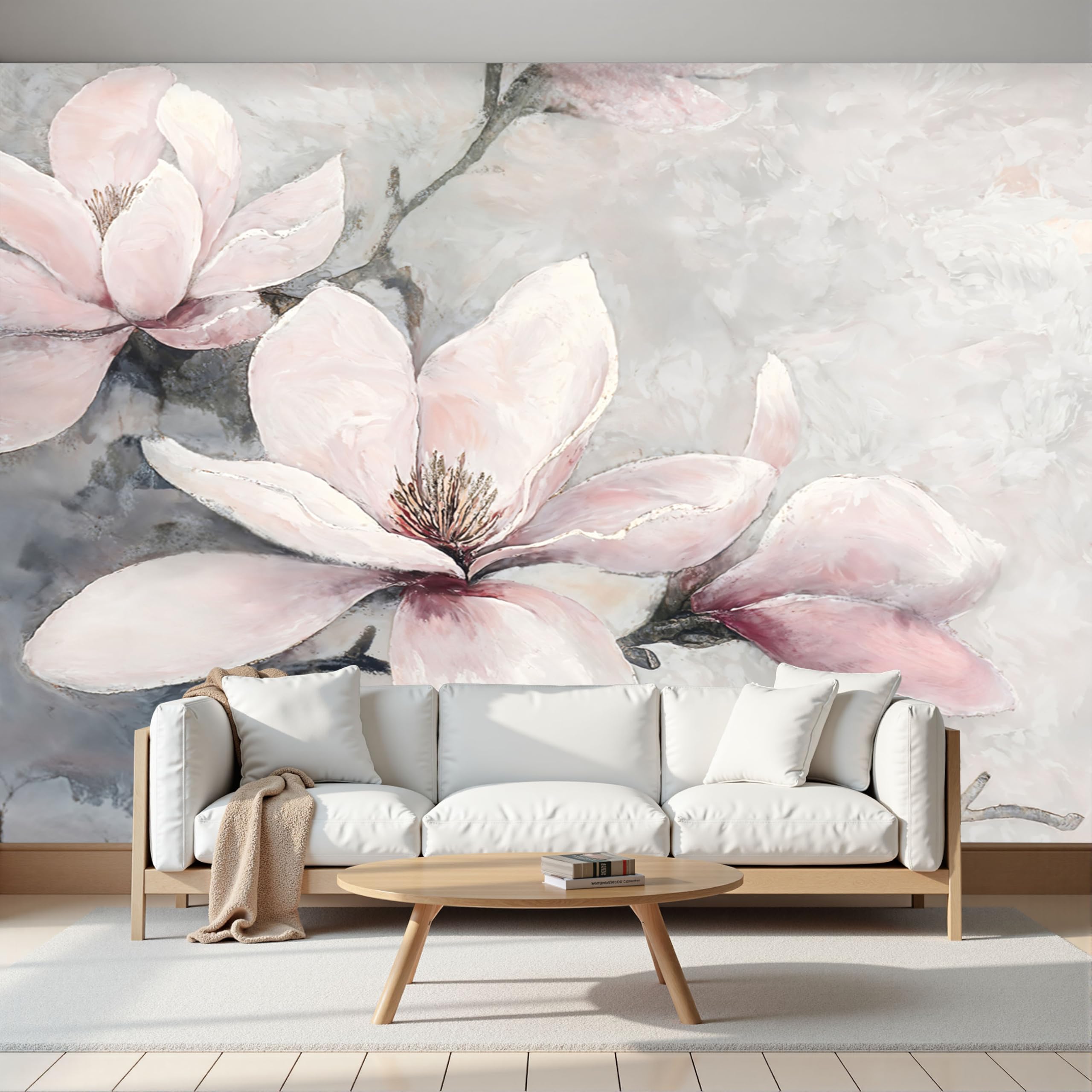 Papier peint panoramique soie de luxe magnolia texturé en épaisseur chic