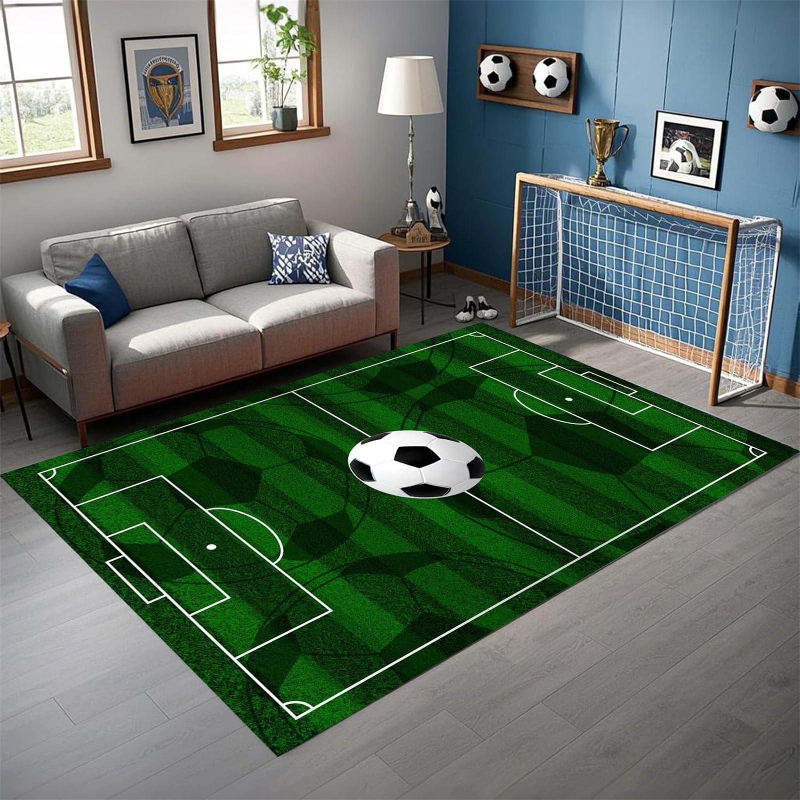 AOESELN Football Rug for Boys Bedroom,180x260 cm Machine Washable Football Field Rugs With Non-Slip Backing,Sports Area Rug for Living Room and Game Room Decor