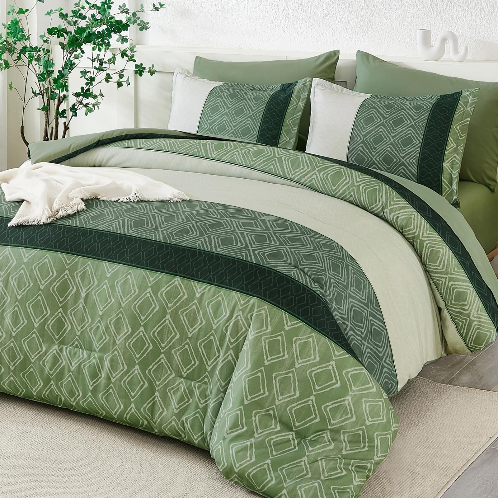 Parure de lit 7 pièces verte Dinjoy anti-plis et facile d'entretien pour grand lit