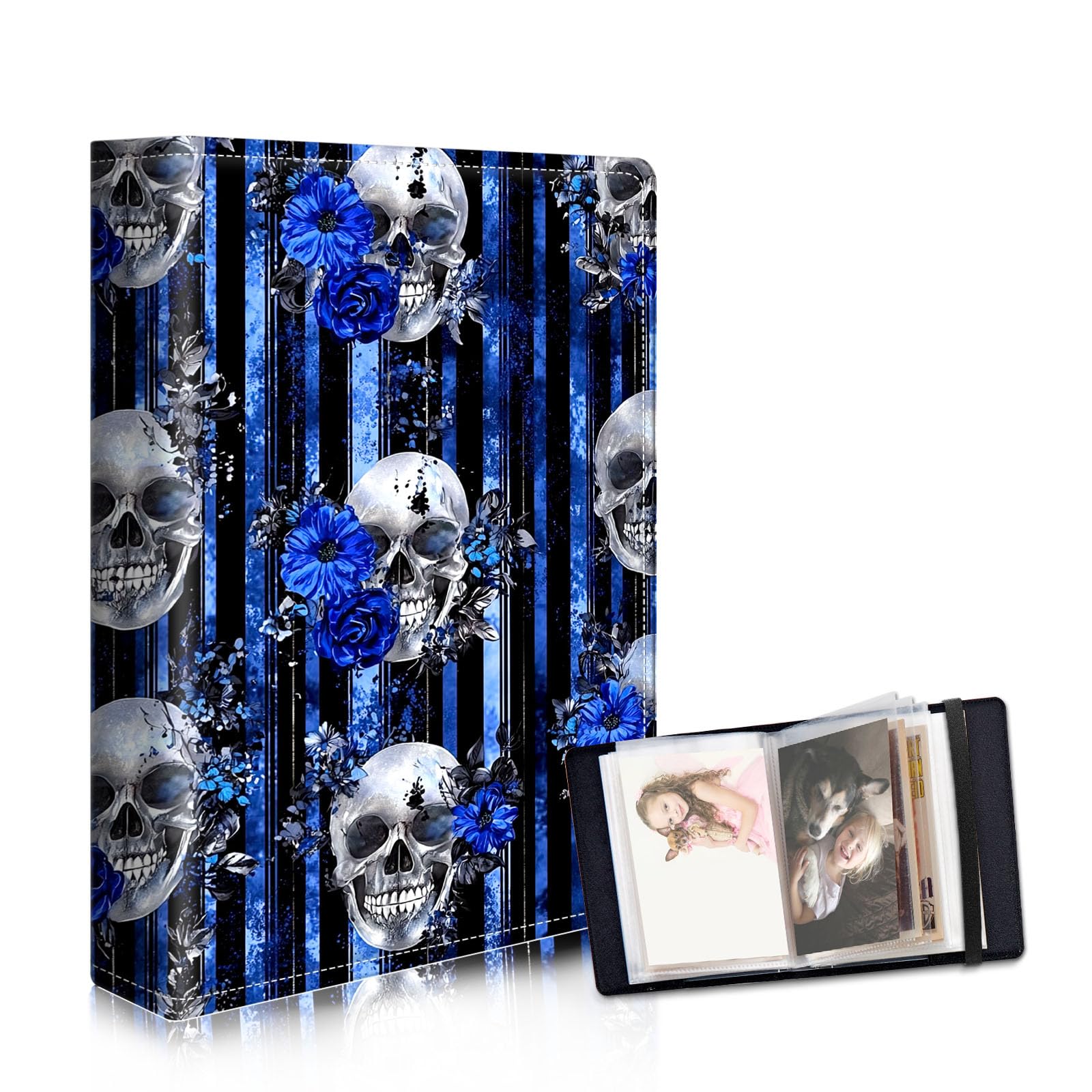 DISUOFEART Photo Albums 4x6 Pictures, Large Capacity Leather Cover Photo Book with Clear Pockets, Silver Skulls Blue Flower Family Picture Album for Wedding Anniversary Baby Travel