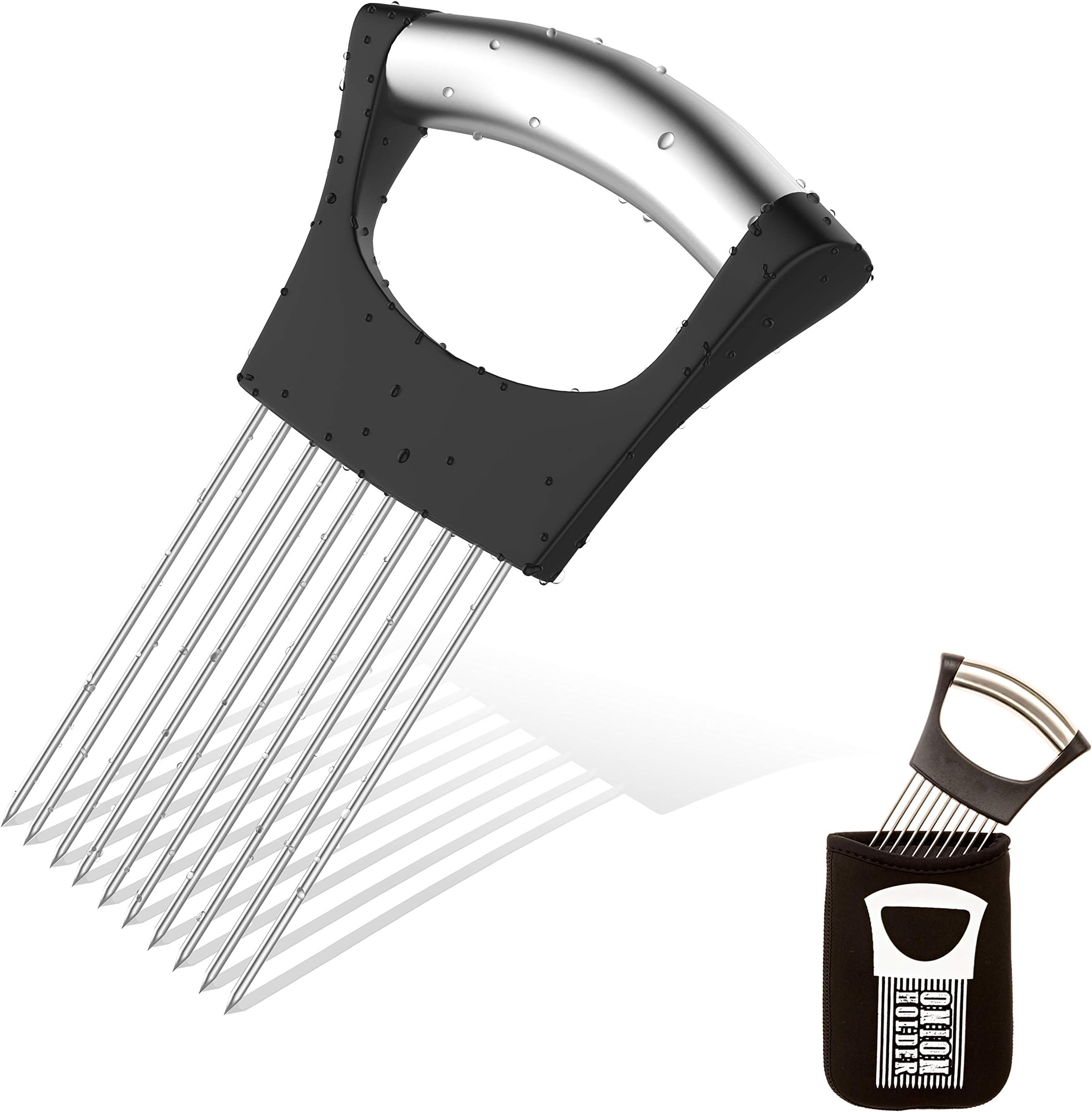 | Onion Holder For Slicing | STORAGE POUCH INCLUDED | Vegetable Potato Cutter Slicer | FULL GRIP HANDLE | Odor Eliminator | Stainless Steel Cutting Kitchen Gadget | Onion Peeler